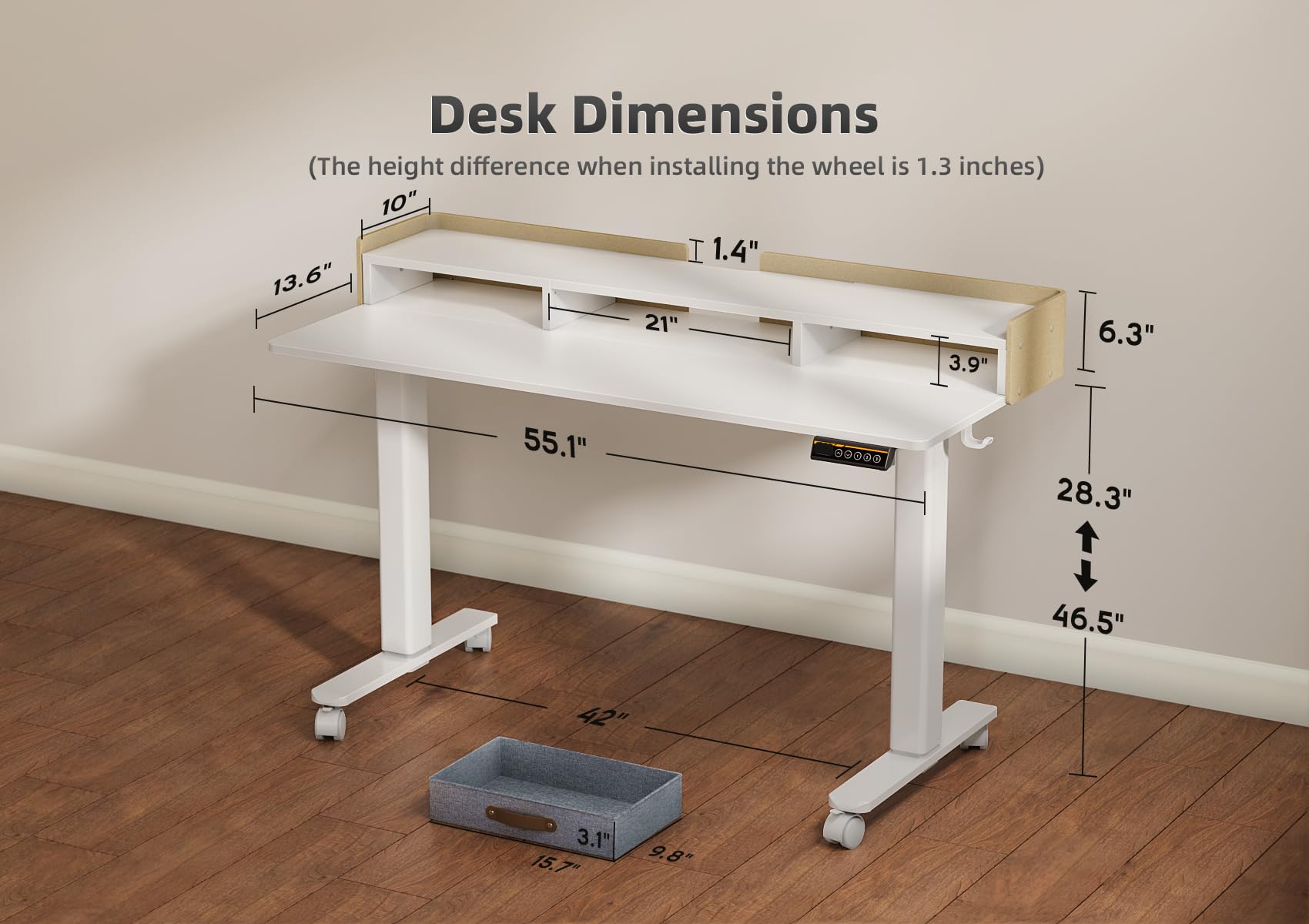 YDN 55 Inch Electric Standing Desk with Drawers - Adjustable Height Sit Stand Desk with Storage Shelf, White - Perfect for Home Office, Small Spaces & Ergonomic Workstations