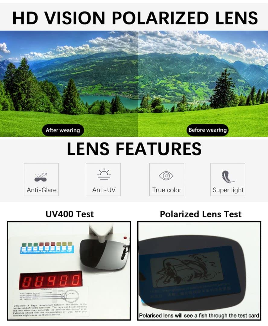 Polarized Clip-On Rimless Sunglasses for Women & Men - Square Non-Flip Up Design - Ideal for Fishing, Driving & Outdoor Activities
