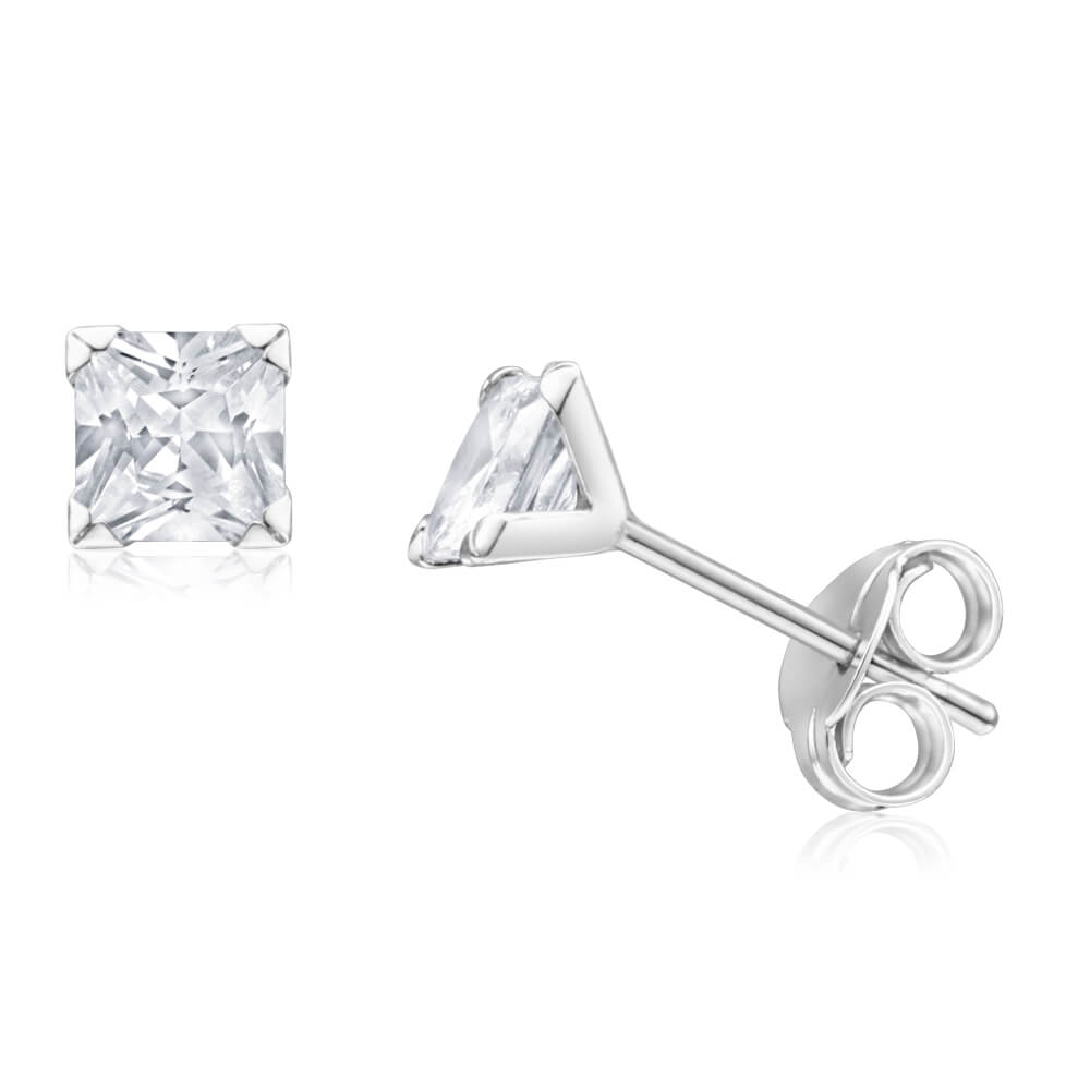 9ct White Gold Princess Cut 4mm Cubic Zirconia Stud Earrings for Women - Elegant Wedding, Party & Everyday Jewelry Gift