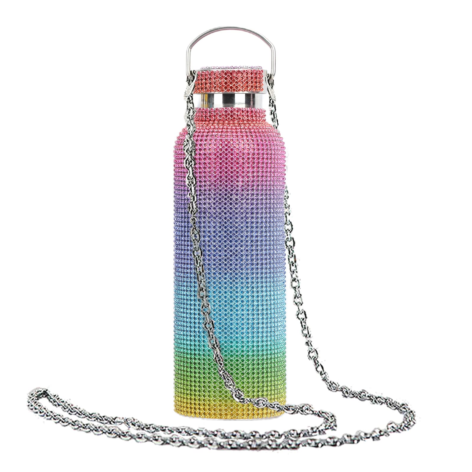 NUZYZ 25oz Rhinestone Water Bottle with Chain - Sparkling Diamond Stainless Steel Insulated Tumbler for Women, Reusable Leakproof Thermo Cup for Gym, Office & Travel (500ml Rainbow Glitter Design)
