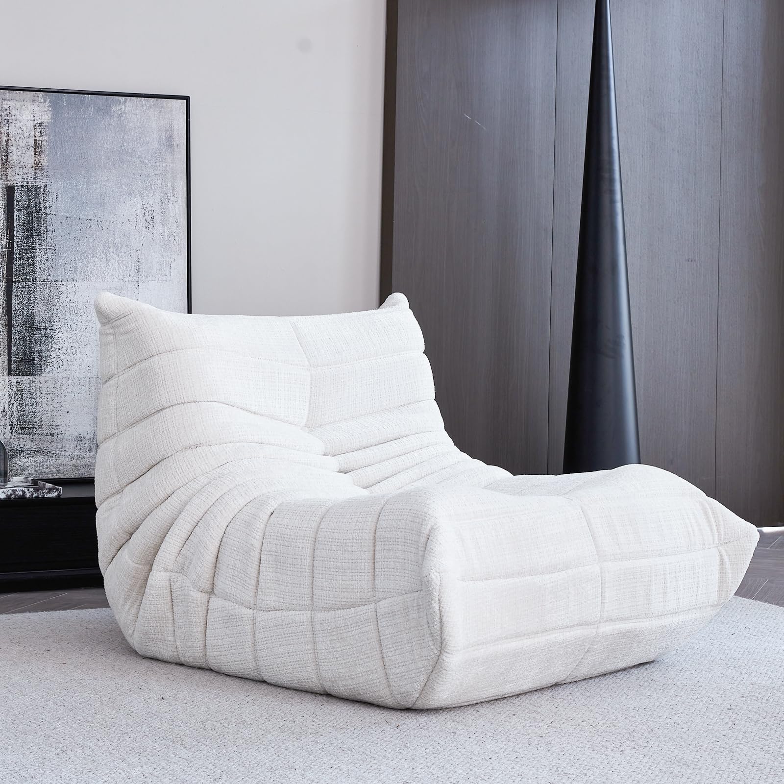 Comfy Fireside Bean Bag Chair for Adults - Modern Chenille Fabric Togo Floor Sofa with High-Density Foam, Single Caterpillar Design - Perfect for Living Room, Bedroom, Salon & Cozy Corners (White)