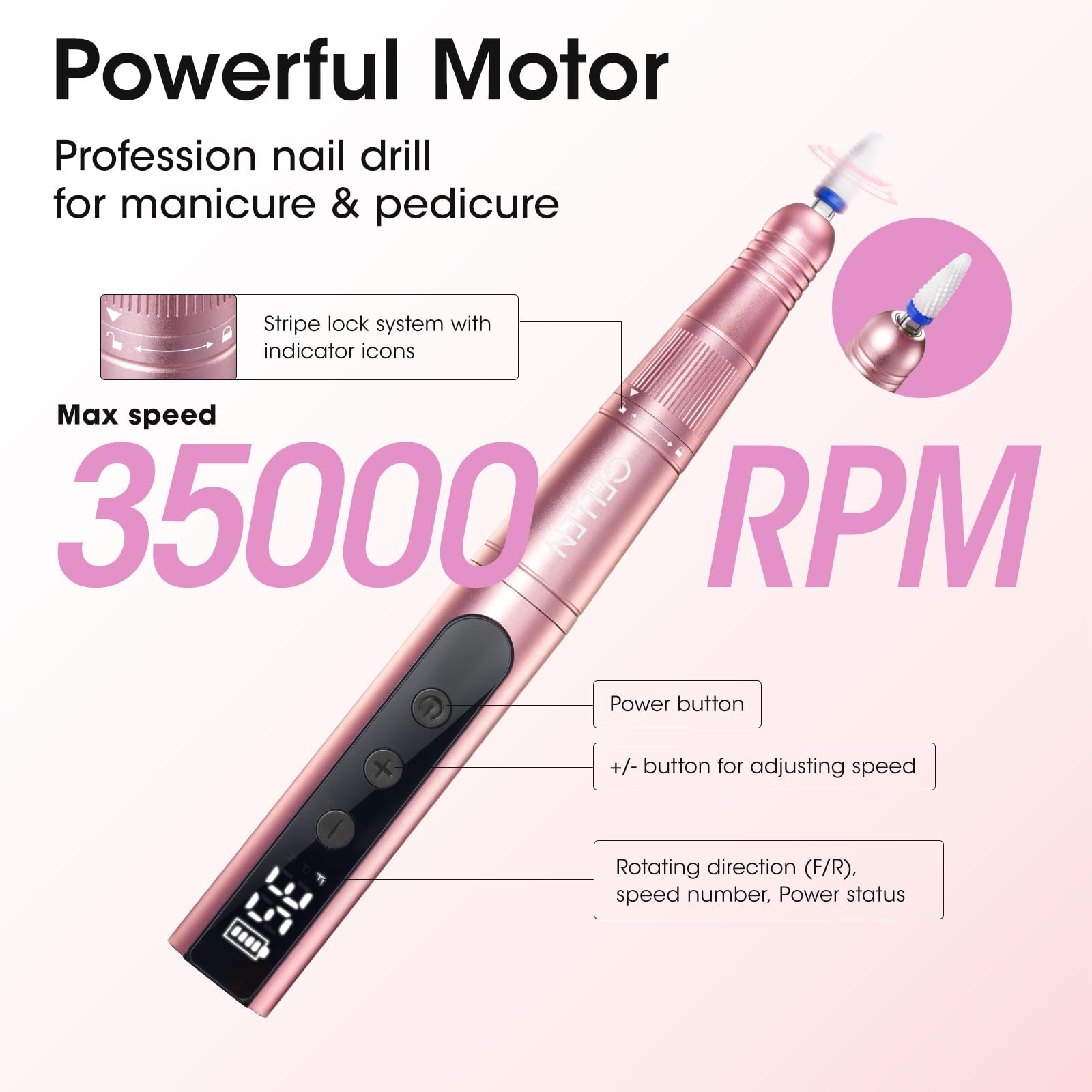 Gellen Professional Electric Nail File Kit - 11-in-1 Cordless Rechargeable Manicure Pedicure Set for Acrylic, Gel & Thick Nails - Perfect for Home & Salon Nail Care, DIY Nail Art & Professional Nail Technicians