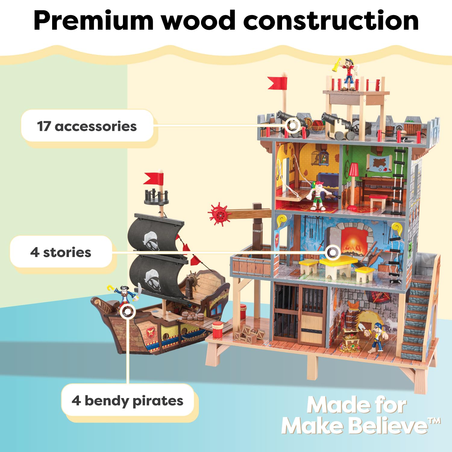 KidKraft Pirate's Cove Wooden Ship Play Set with Lights & Sounds - 17-Piece Pirate Toy Accessories - Best Gift for Boys & Girls Ages 3+ - Imaginative Play for Kids' Bedroom, Playroom & Outdoor Adventures
