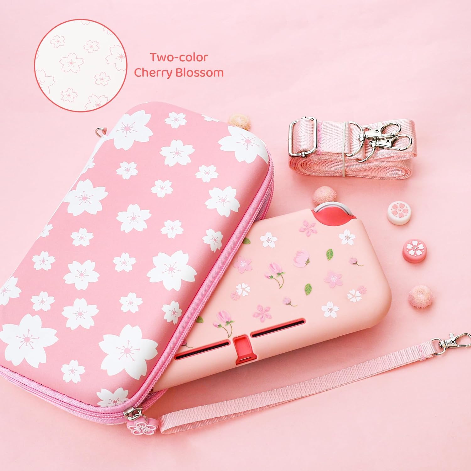 RHOTALL Carrying Case for Nintendo Switch Lite - Protective Hard Shell, Screen Protector, Adjustable Shoulder Strap & 2 Thumb Grips (Rose/White) - Perfect for Travel, Gaming On-The-Go & Storage Protection