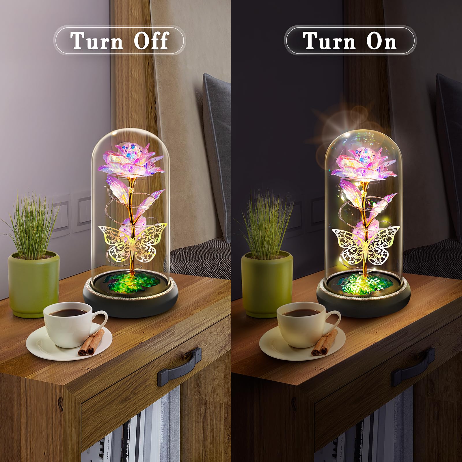 GMAOPHY Light Up Butterfly Preserved Rose in Glass Dome - Romantic Birthday Gift for Women, Wife, Girlfriend, Mom, Grandma | Unique Floral Keepsake for Anniversaries, Valentine's Day & Special Occasions