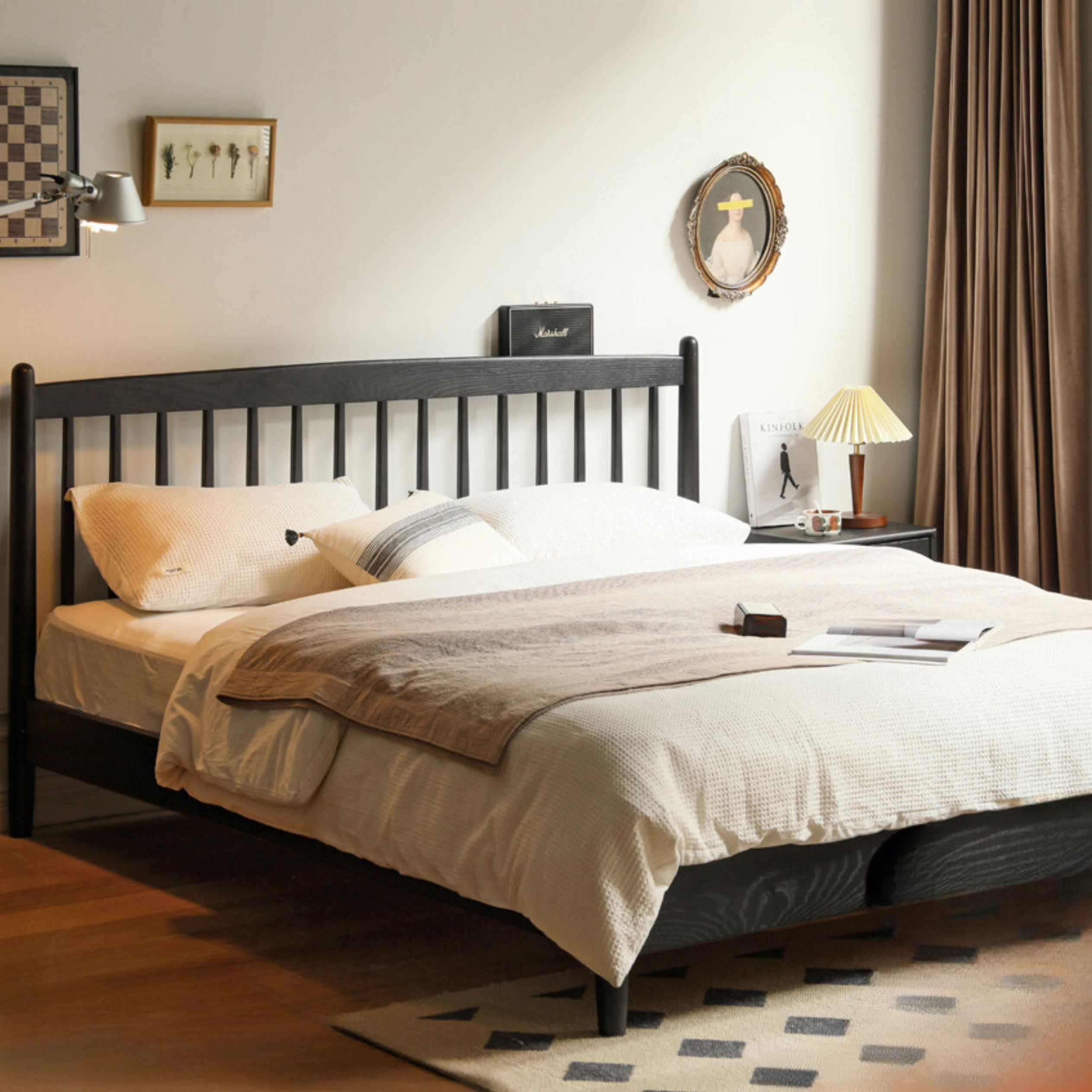 Solid Oak Wood Vintage Smoky Windsor Bed - Rustic Farmhouse Bedroom Furniture for Cozy Home Decor
