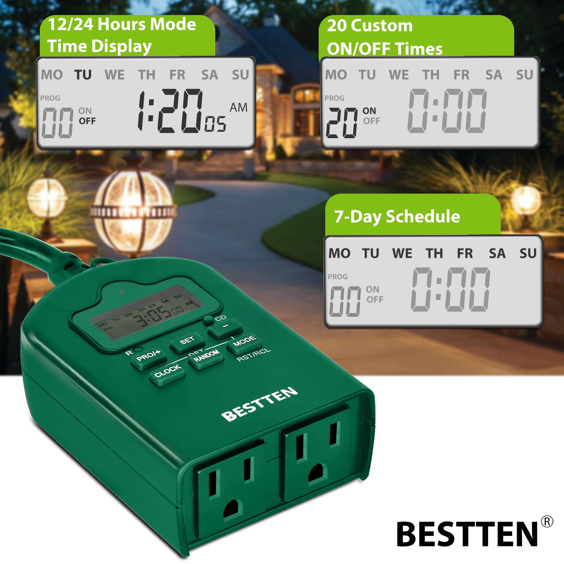 BESTTEN 7-Day Outdoor Digital Programmable Timer with Clock - Dual Grounded Outlets, Weatherproof, ETL Certified - Perfect for Garden Lights, Holiday Decorations & Pool Equipment