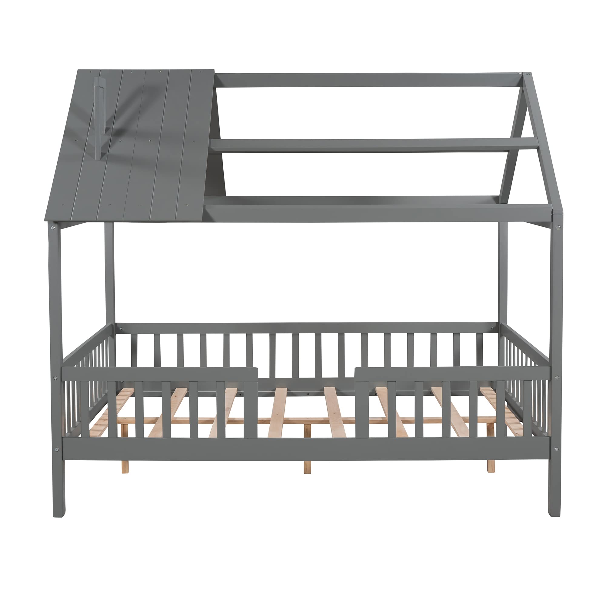 Merax Full House Bed for Kids - Wooden House-Shaped Bed Frame with Roof Windows & Safety Rails - Grey - Perfect for Kids' Bedroom, Playroom & Sleepovers