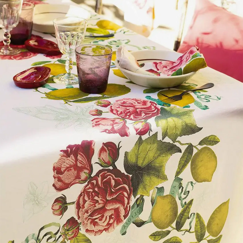 Garnier Thiebaut Citrons de Menton Romance Tablecloth - Elegant French Lemon Print Cotton Table Linen for Dining Room, Kitchen, and Outdoor Picnics
