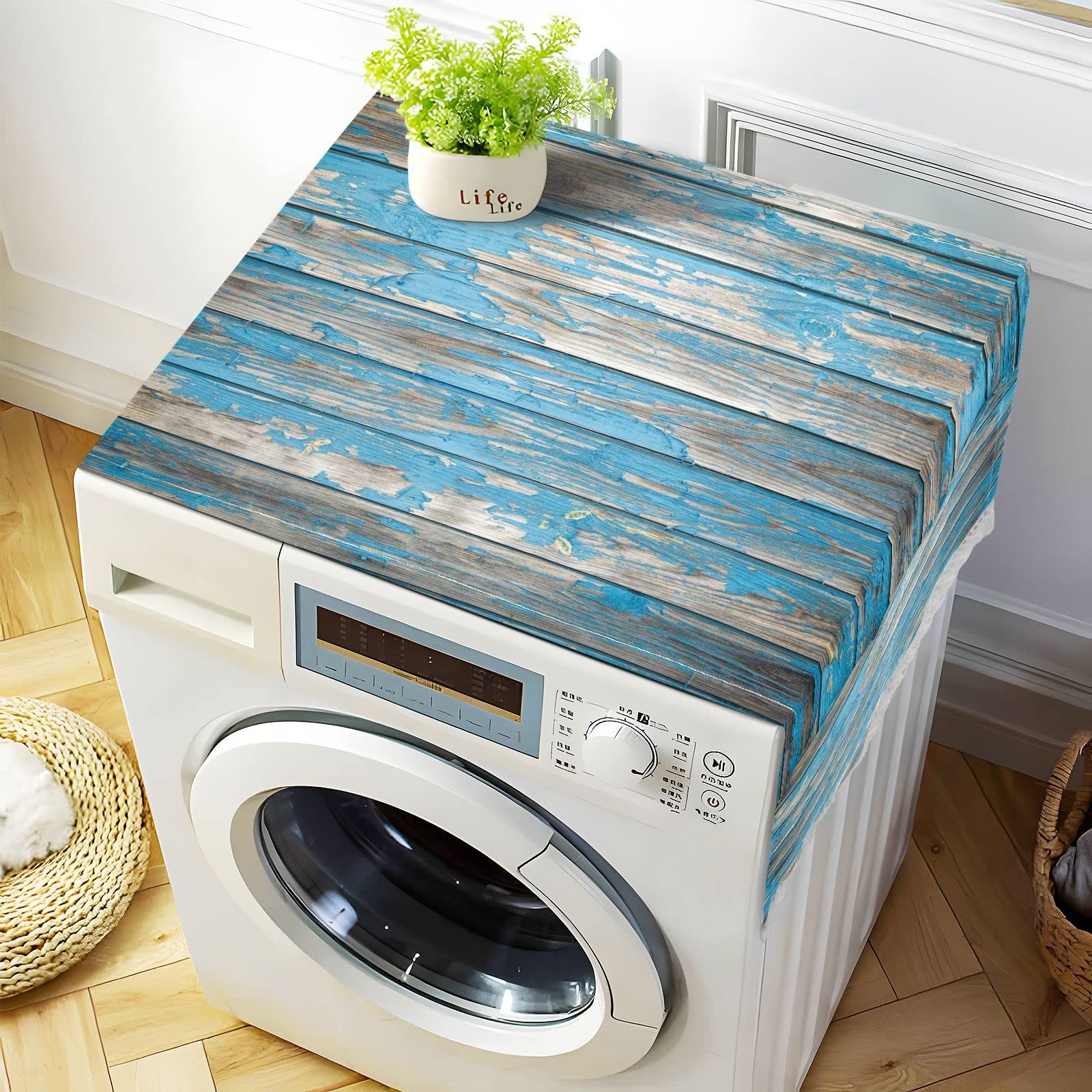 Teal Turquoise Blue Wood Washing Machine Cover - 51''x22'' Non-Slip Washer Dryer Top Cover Mat for Front Load, Waterproof Refrigerator Dust Proof Cover with 4 Storage Bags - Perfect for Laundry Room, Kitchen & Home Decor Protection