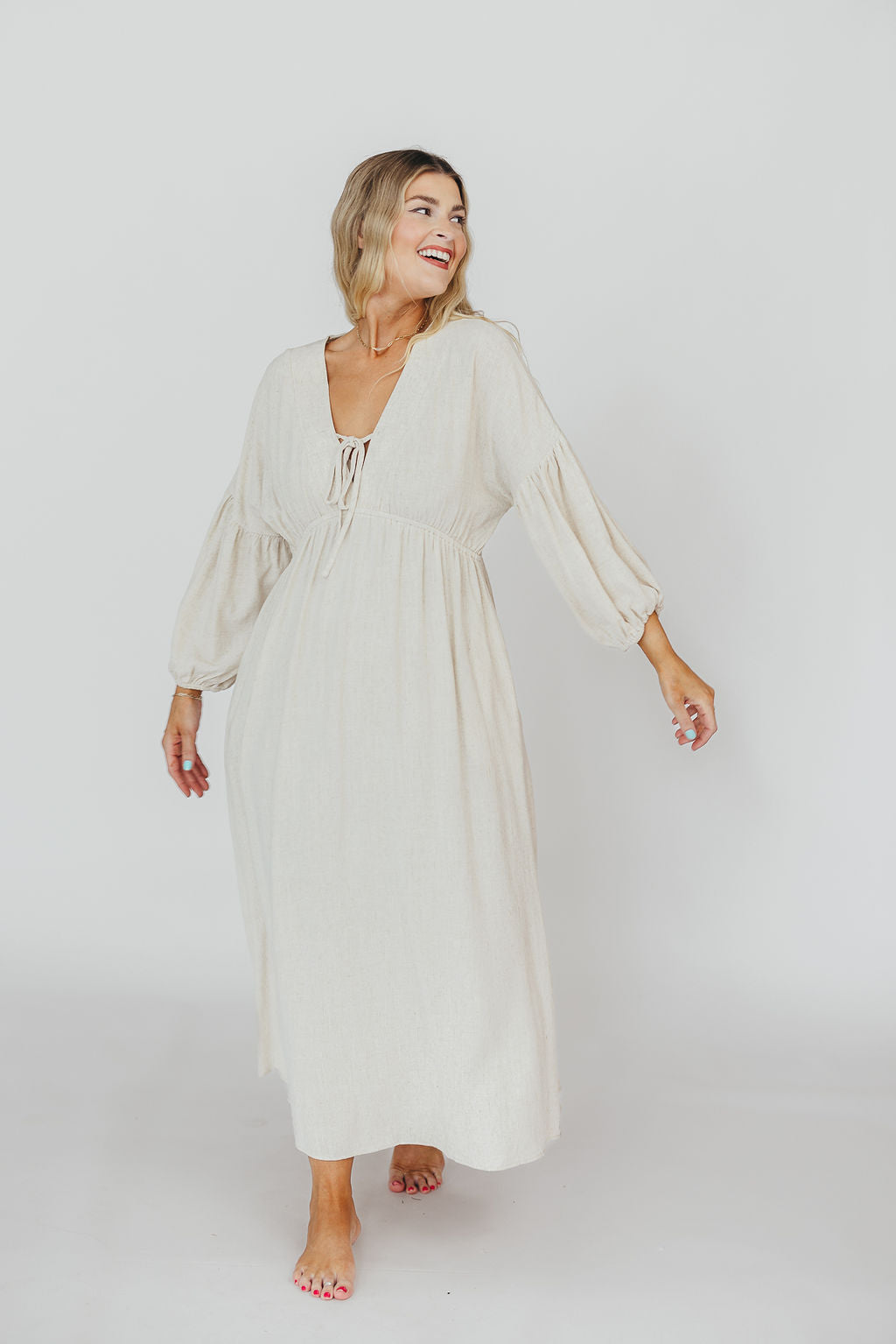 Hunter Linen Blend Midi Dress in Greige - Bump Friendly Maternity Dress with Inclusive Sizing | Perfect for Pregnancy, Nursing, and Everyday Comfort Wear