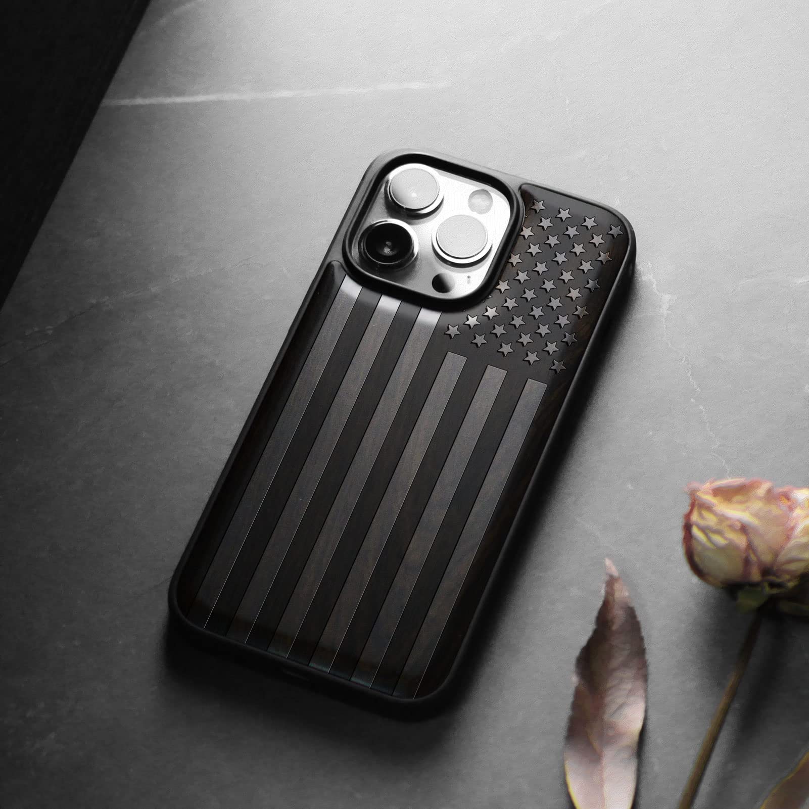 Carveit Magnetic Wood Case for iPhone 13 Pro - Hard Real Wood & Soft TPU Hybrid Protective Cover - Shockproof, Slim & Stylish - MagSafe Compatible - American Flag Blackwood Design - Perfect for Outdoor, Office & Everyday Use