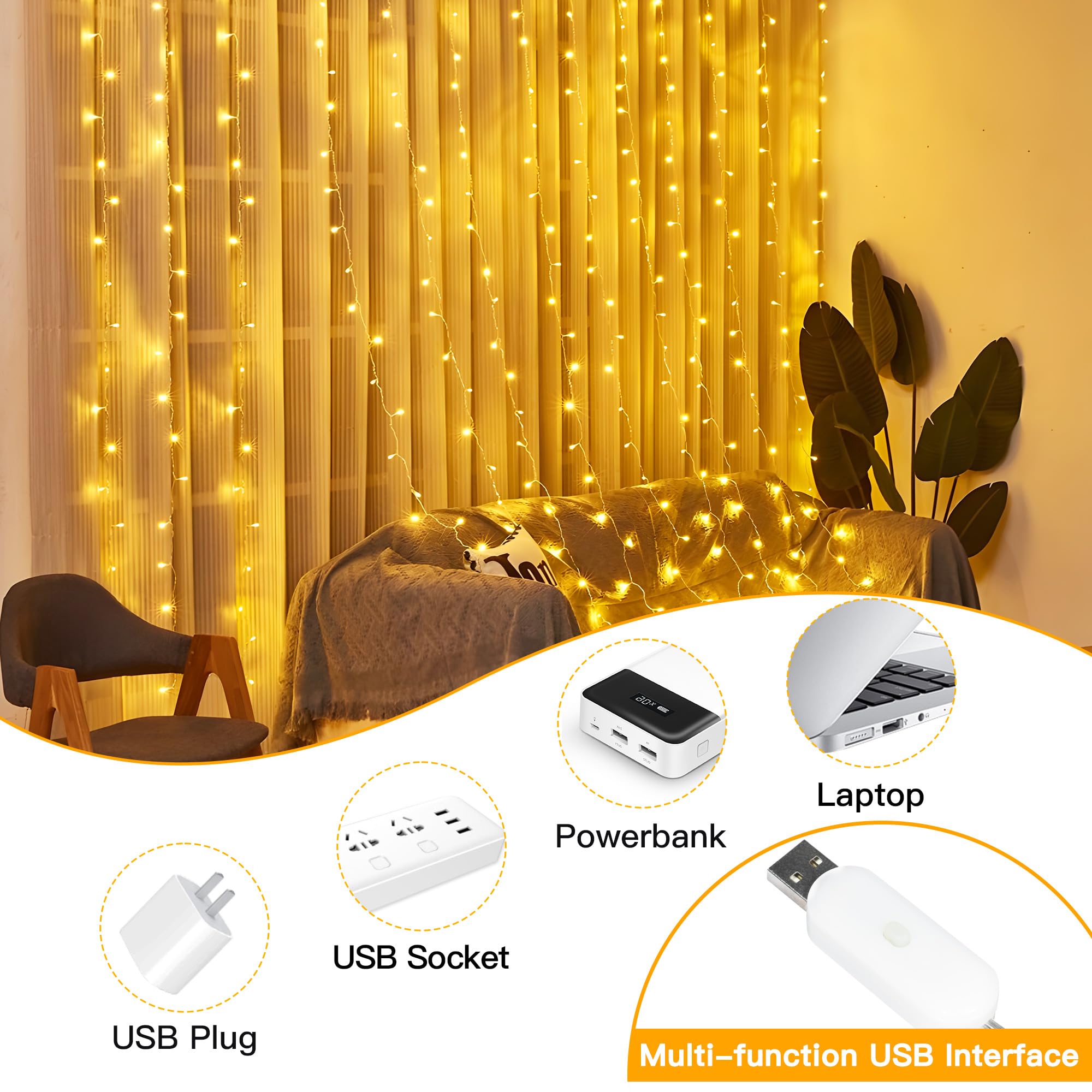 Ollny 200LED Curtain Lights 6.6x6.6ft - USB Powered Warm White Fairy String Lights with Remote, 8 Modes & Dimmable Timer - Waterproof Indoor/Outdoor Decorative Lighting for Bedroom, Wall, Window, Backdrop, Wedding, Party, Garden