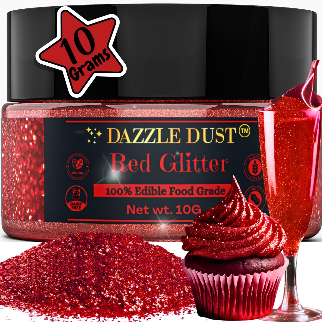 BULK (10g) Red Edible Glitter for Cakes, Drinks & Cocktails - 100% Food Safe Vegan Gluten-Free Cake Decorations | Perfect for Birthday Parties, Wedding Cakes & DIY Dessert Decorating