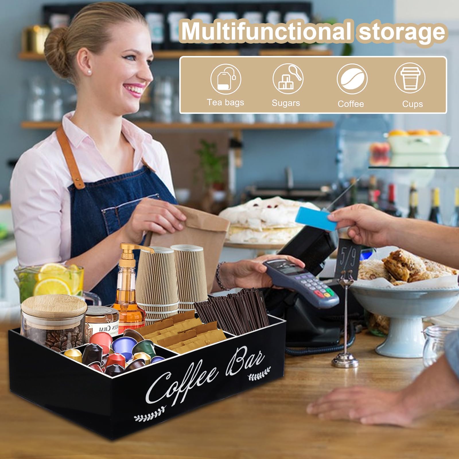 Premium Coffee Station Organizer - Essential Condiment & Pod Storage Basket with Cup Holder - Perfect for Kitchen Countertop & Office Setup (Ideal for Coffee Lovers & Home Baristas)