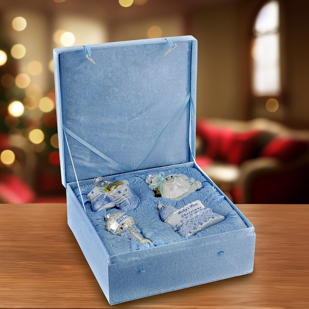 Kurt Adler Noble Gems Glass Baby Boy Christmas Ornament Set - 4 Piece Holiday Tree Decor for Newborns, Christening & First Christmas Celebrations