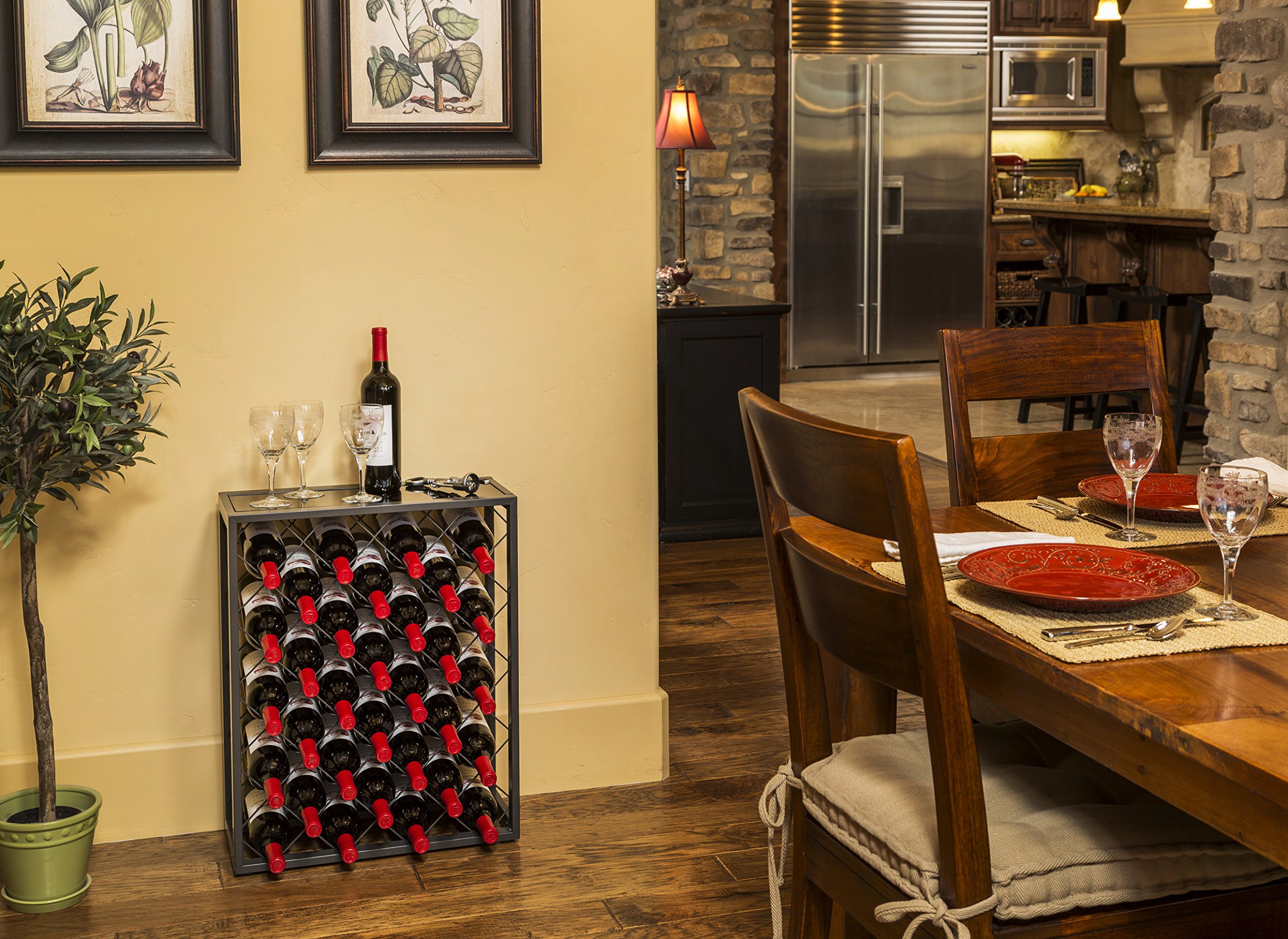 Premium 32-Bottle Mango Wood Wine Rack with Tempered Glass Top Shelf - Freestanding Wine Storage for Home, Kitchen, Bar & Dining Room - Perfect for Wine Cellars, Entertaining & Displaying Your Collection