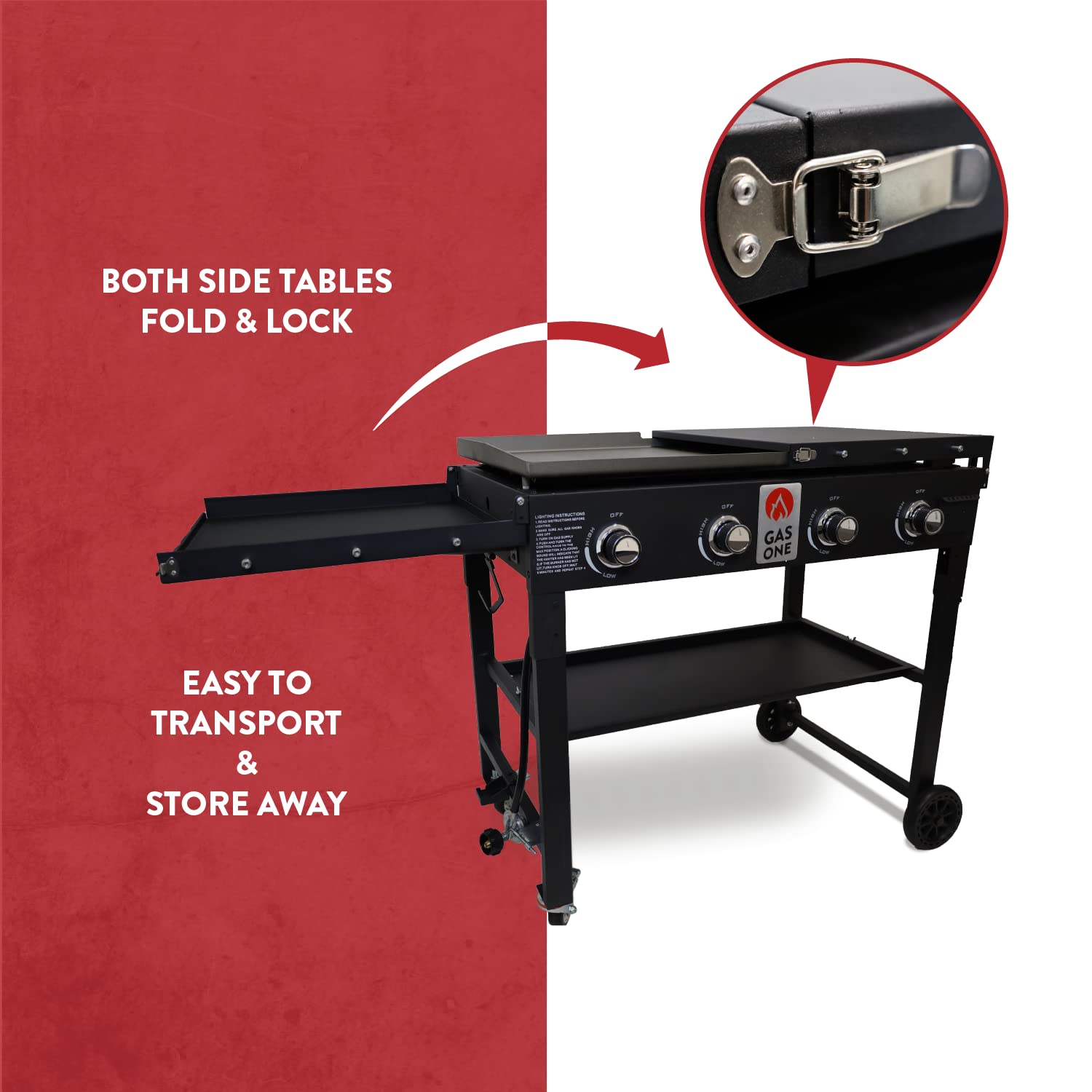 Gas One 36-Inch Flat Top Propane Grill Griddle - Foldable 4-Burner Outdoor Cooking Station with Pre-Seasoned Surface & Side Shelves - Professional Black Griddle for Backyard BBQ, Tailgating & Camping
