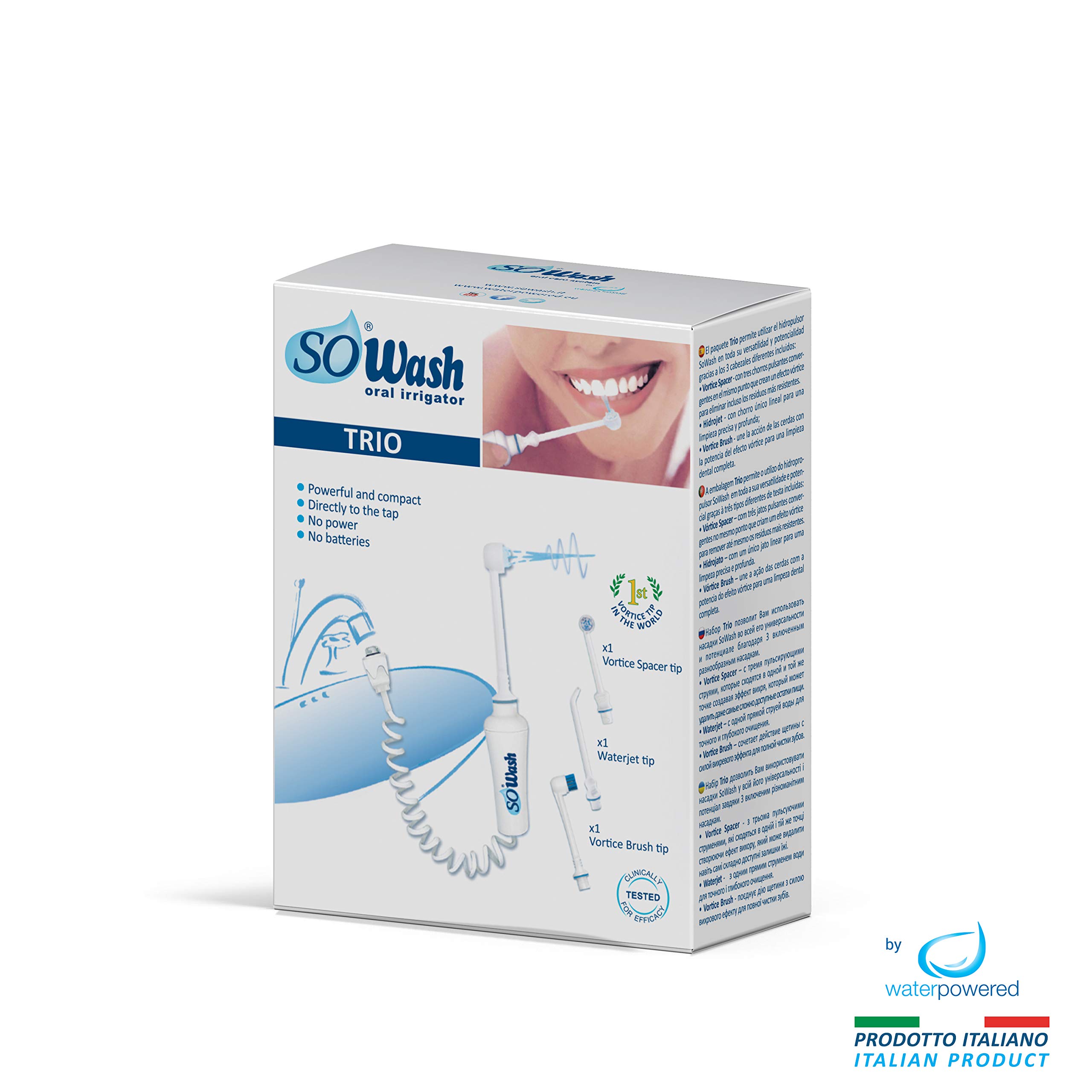 Jet Dentaire SOWASH TRIO - Hydropulseur Dentaire Sans Piles ni Électricité, Connexion Robinet, 3 Têtes (Vortice, Vortice Brush, Hydrojet) - Produit Italien pour une Hygiène Buccale Professionnelle à Domicile