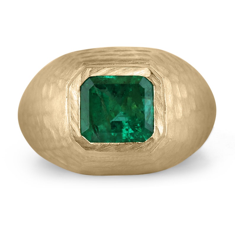 2.43ct 14K Dark Green Emerald Cut Matte Hammered Gold Signet Ring for Men & Women - Perfect for Weddings, Engagements & Everyday Luxury Jewelry