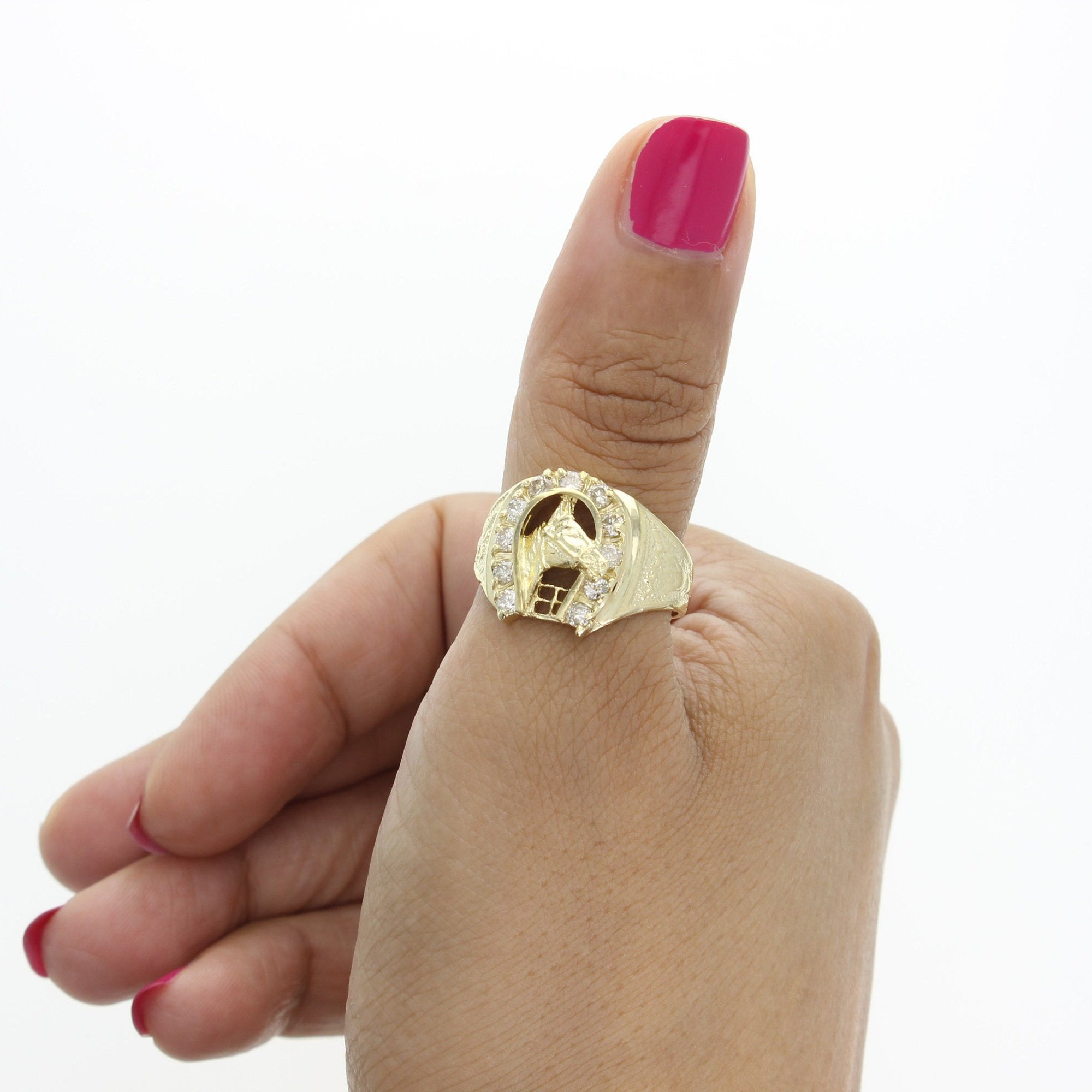 14K Yellow Gold Diamond Horseshoe Ring with Horse Head Design - Perfect for Equestrian Lovers & Western Fashion Jewelry Gifts