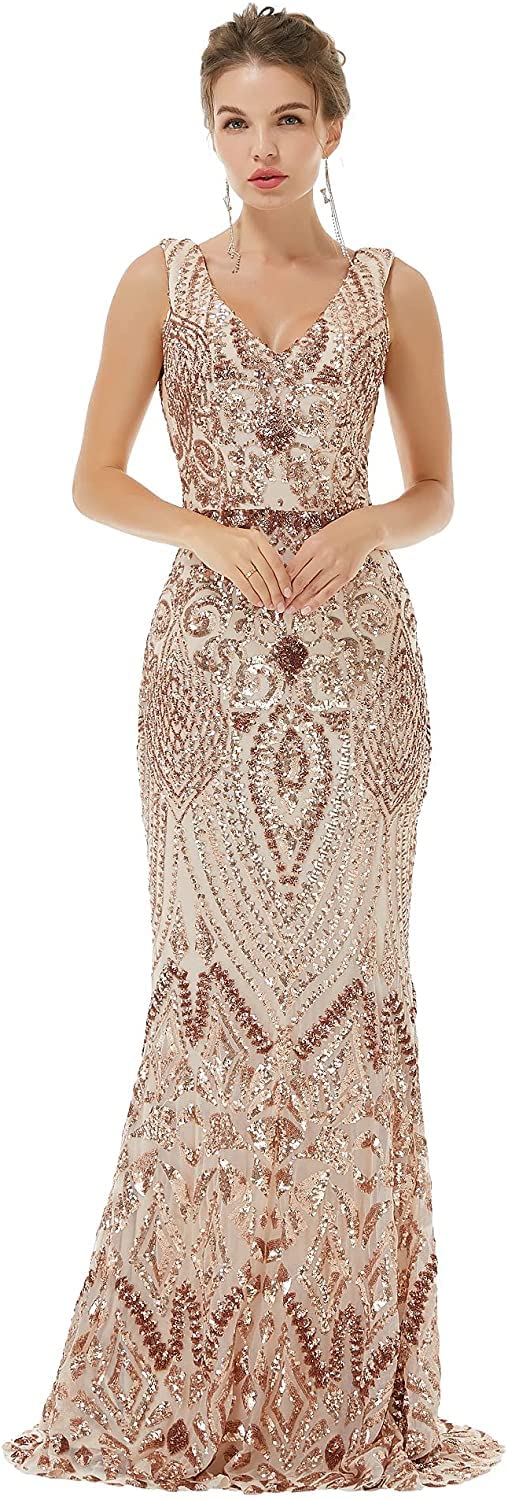 FCOMES Sequin Mermaid Bridesmaid Dress - V Neck Sleeveless Formal Evening Gown for Women | Perfect for Prom, Wedding Party, Cocktail Events & Special Occasions