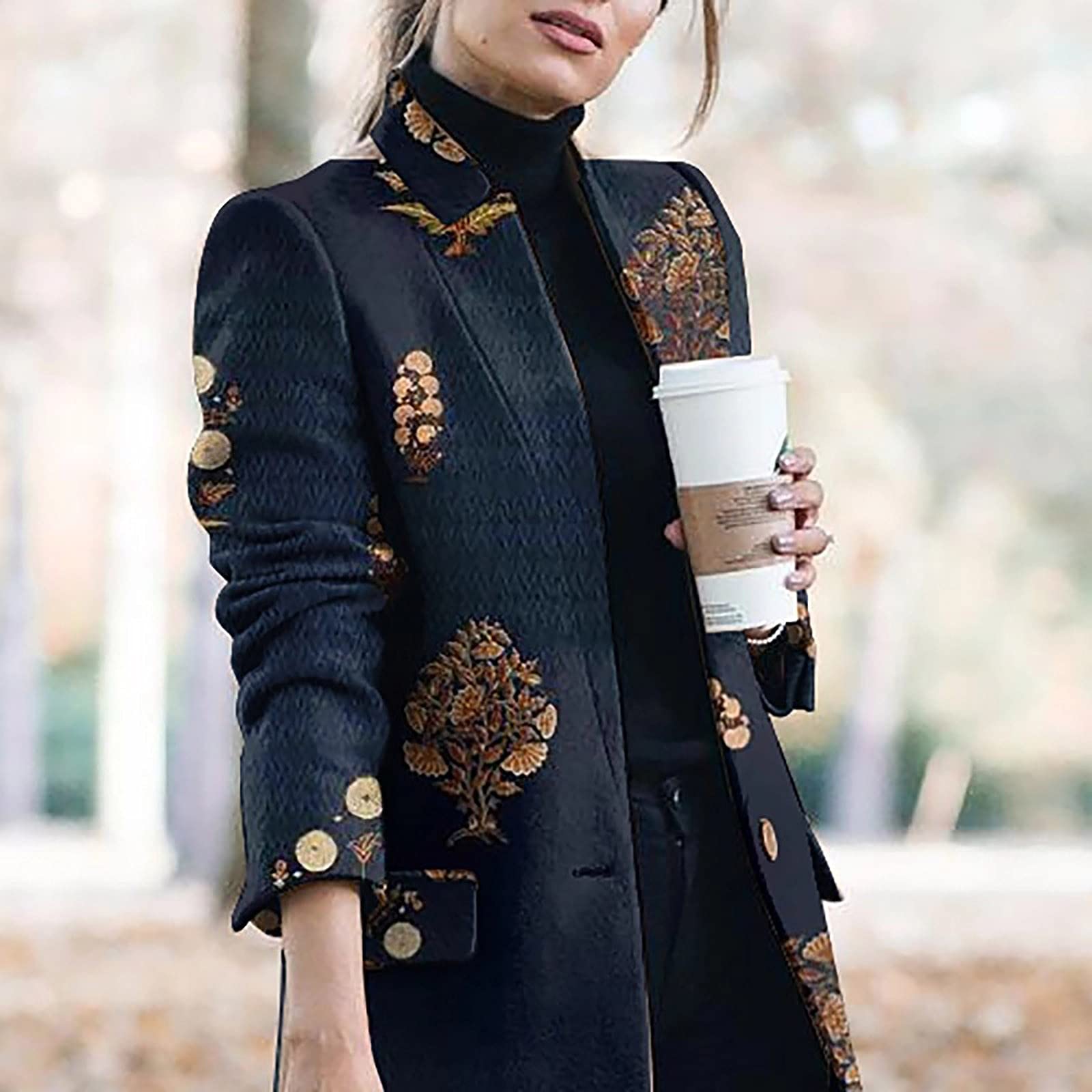 Women's Plaid Wool Blend Pea Coat - One Breasted Midi Length Winter Outerwear for Work, Travel & Casual Wear