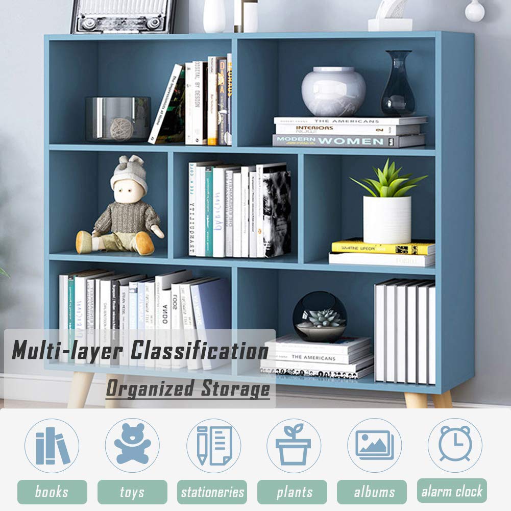 IOTXY 3-Tier Wooden Open Shelf Bookcase - Floor Standing Display Cabinet with 7 Cubes & Sturdy Legs, Bright Blue - Perfect for Living Room, Bedroom & Office Storage & Organization