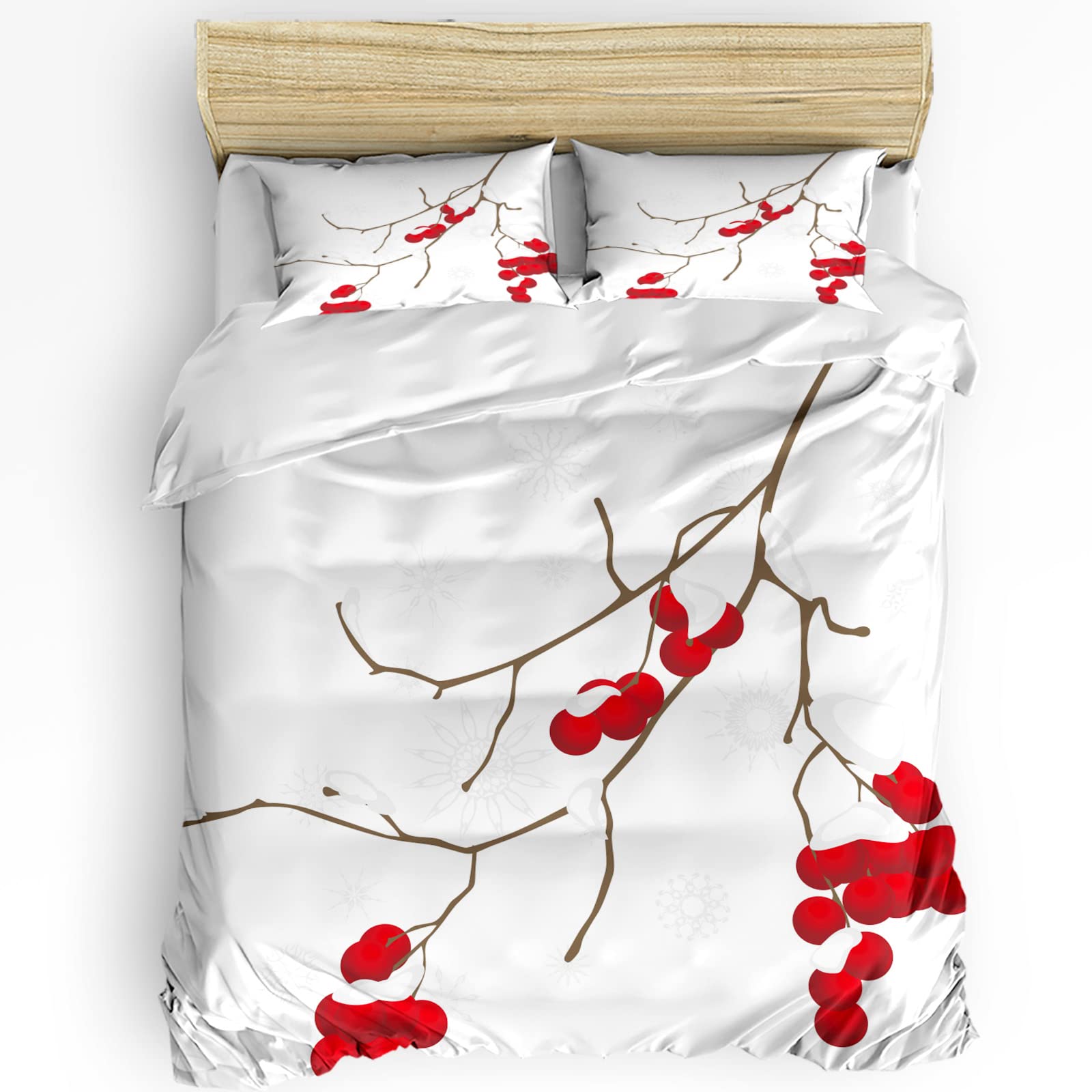 Christmas Duvet Cover Set - Red Holly Berries & Branch 3-Piece Bedding Set with Zipper Closure (1 Comforter Cover + 2 Pillowcases) - Full Size for Festive Holiday Bedroom Decor