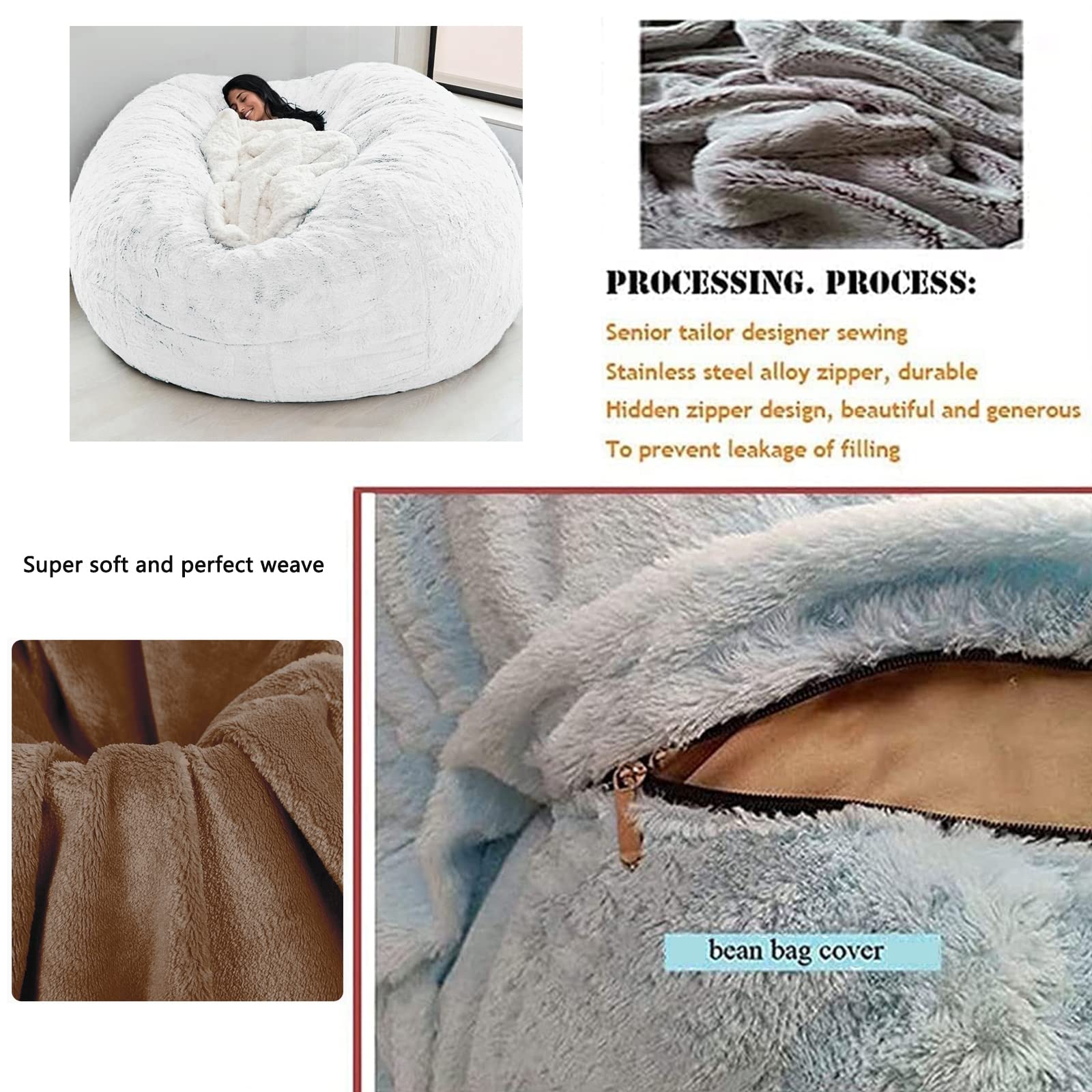 Giant Fluffy Faux Fur Bean Bag Chair for Adults - Oversized Round Soft Lazy Sofa Bed (86x56cm, White) | Perfect for Living Room, Bedroom & Game Room Relaxation