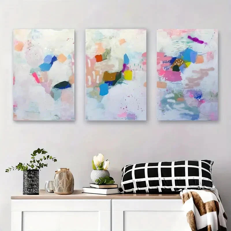 3-Piece Abstract Colorful Geometric Modern Metal Wall Art - Ready to Hang Canvas Prints for Living Room, Bedroom & Office Decor