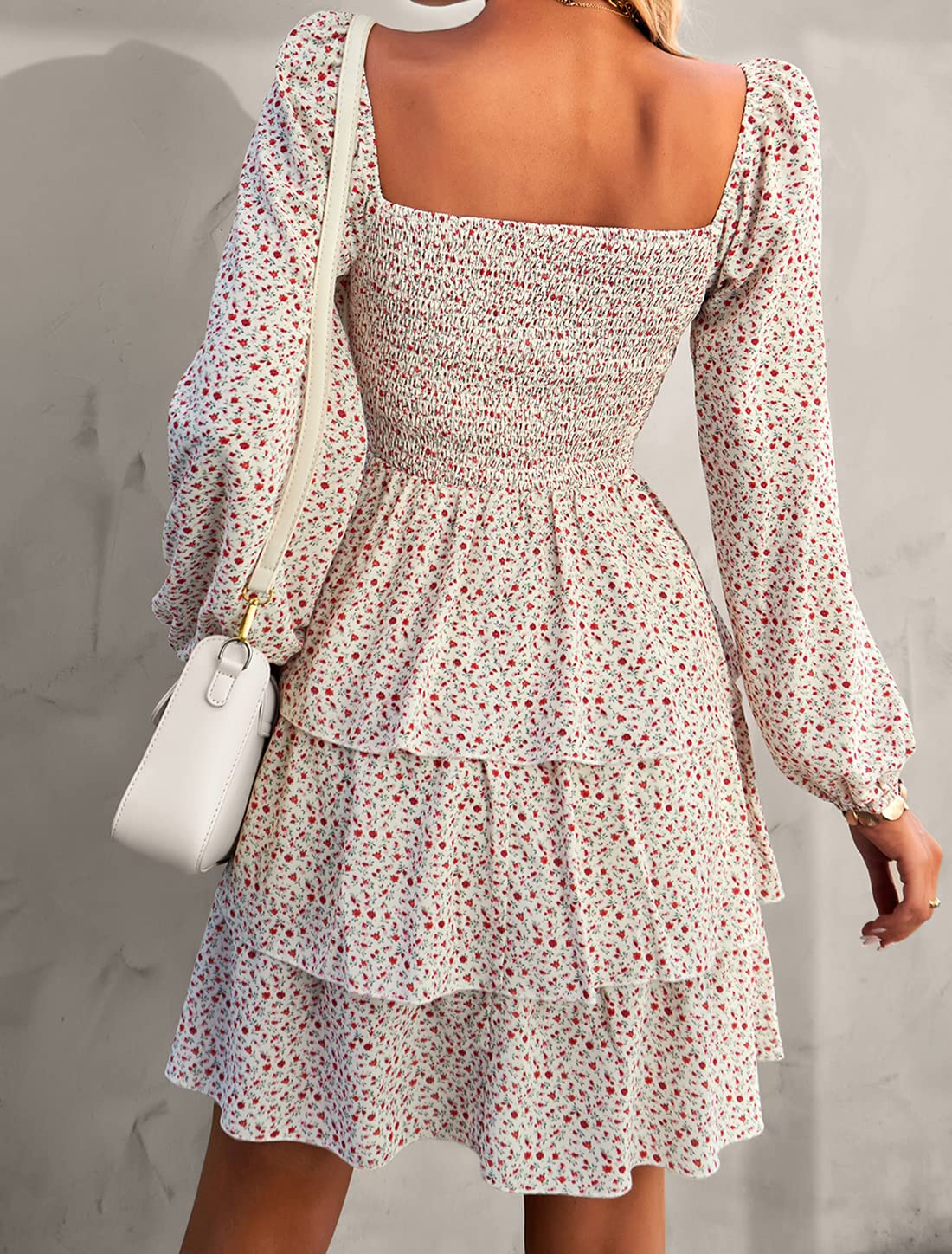 BTFBM Women's Floral Swiss Dot Square Neck Smocked Mini Dress - Long Sleeve Boho Wedding Guest Dress for Spring & Summer 2025 | Perfect for Garden Parties, Bridal Showers & Beach Weddings