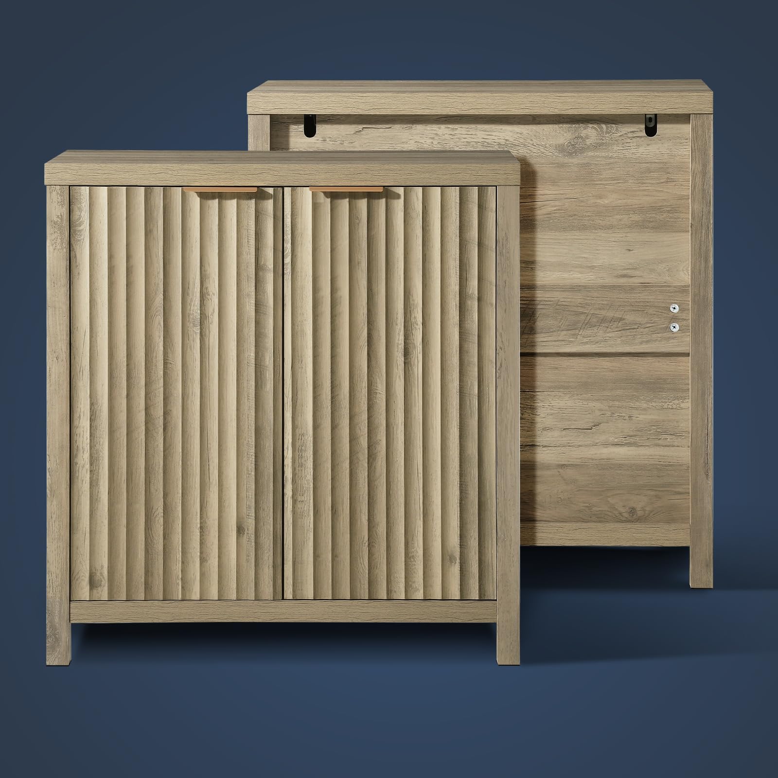 Modern Fluted Sideboard Buffet Cabinet with Adjustable Shelves - Oxford Storage Cabinet Set of 2 in Sunwashed Ash Oak - Perfect for Dining Room, Living Room & Entryway Organization