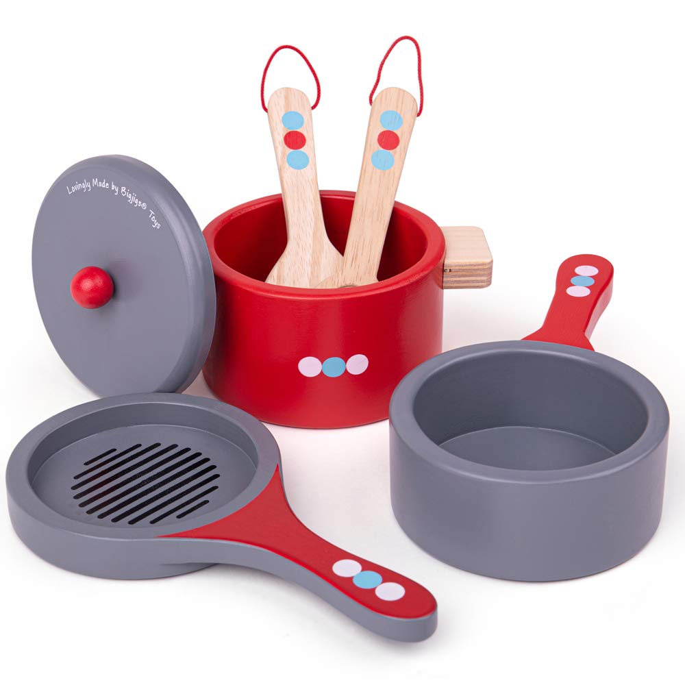 Bigjigs Toys Wooden Cooking Pans Set with Wooden Spoon & Spatula - Pretend Play Kitchen Toys for Kids, Toddlers & Preschoolers - Perfect for Role Play, Learning & Imaginative Play in Playroom or Daycare