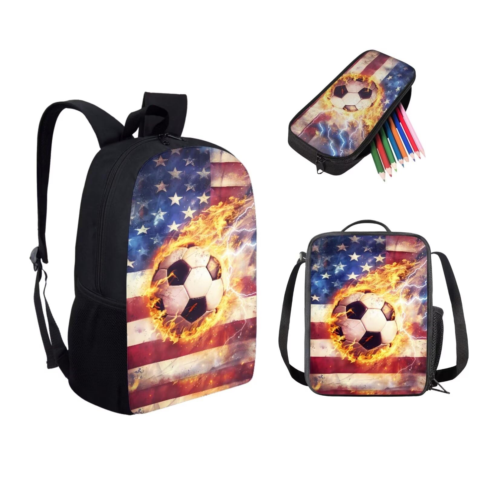 Boys School Backpack Set - 17 Inch Soccer America Flag Bookbag with Lunch Box & Pencil Case - Large Capacity Lightweight Backpack for School, Sports & Travel
