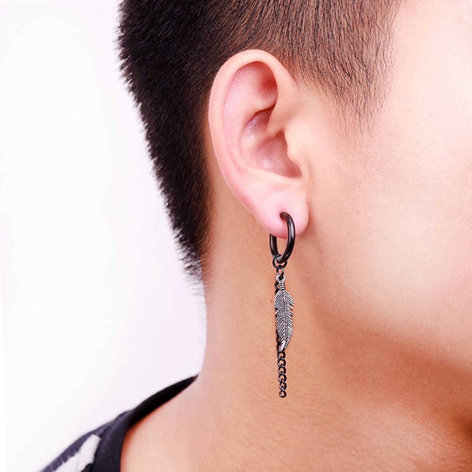 Trendy Stainless Steel Hoop Earrings with Feather Chain - Round Piercing Jewelry for Women & Men - Perfect for Parties, Gifts & Everyday Wear