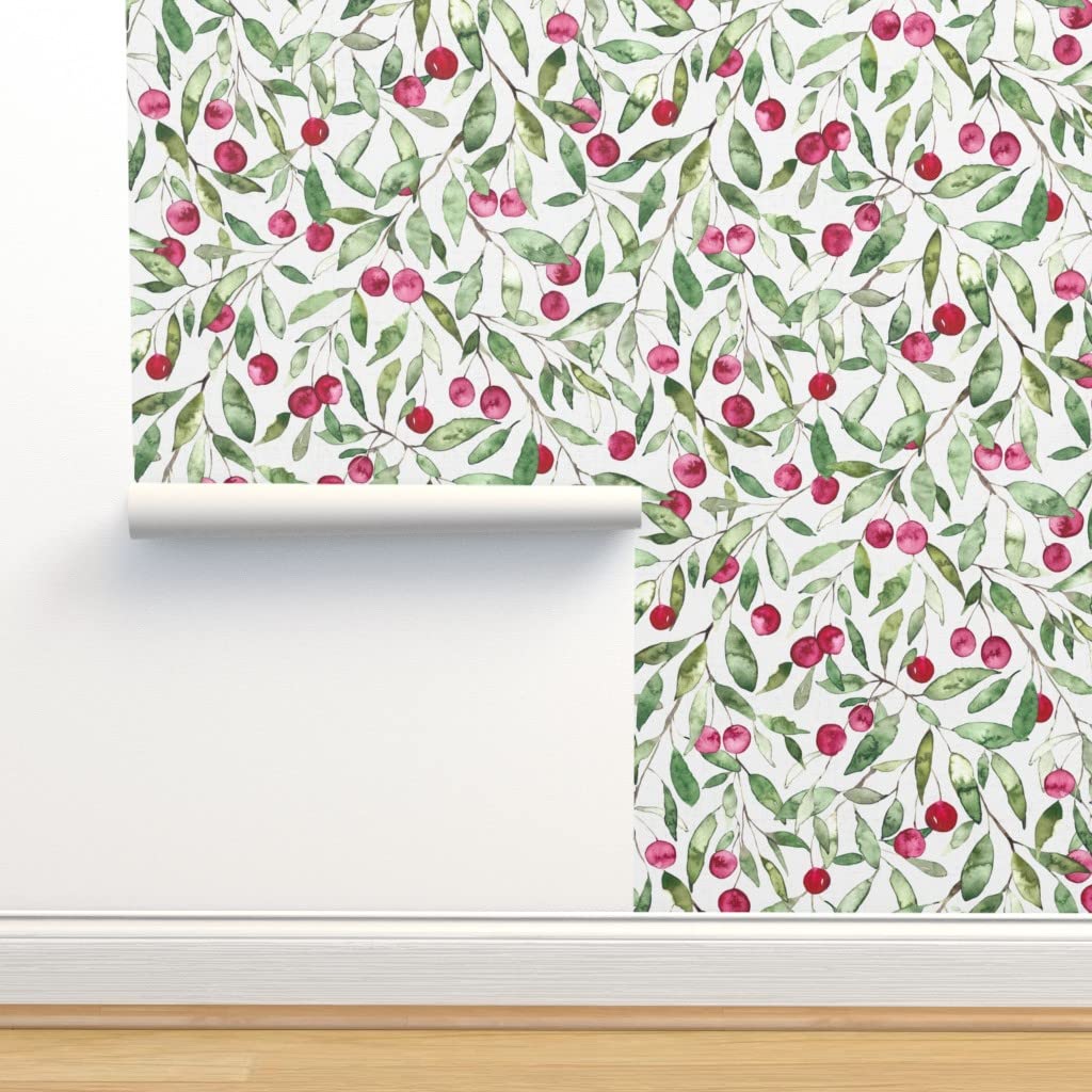 Removable Wallpaper Swatch - White Large Green Leaves with Red Berries | Summer Botanical Peel & Stick Wallpaper | Perfect for Nursery, Bedroom, or Kitchen Decor | Spoonflower