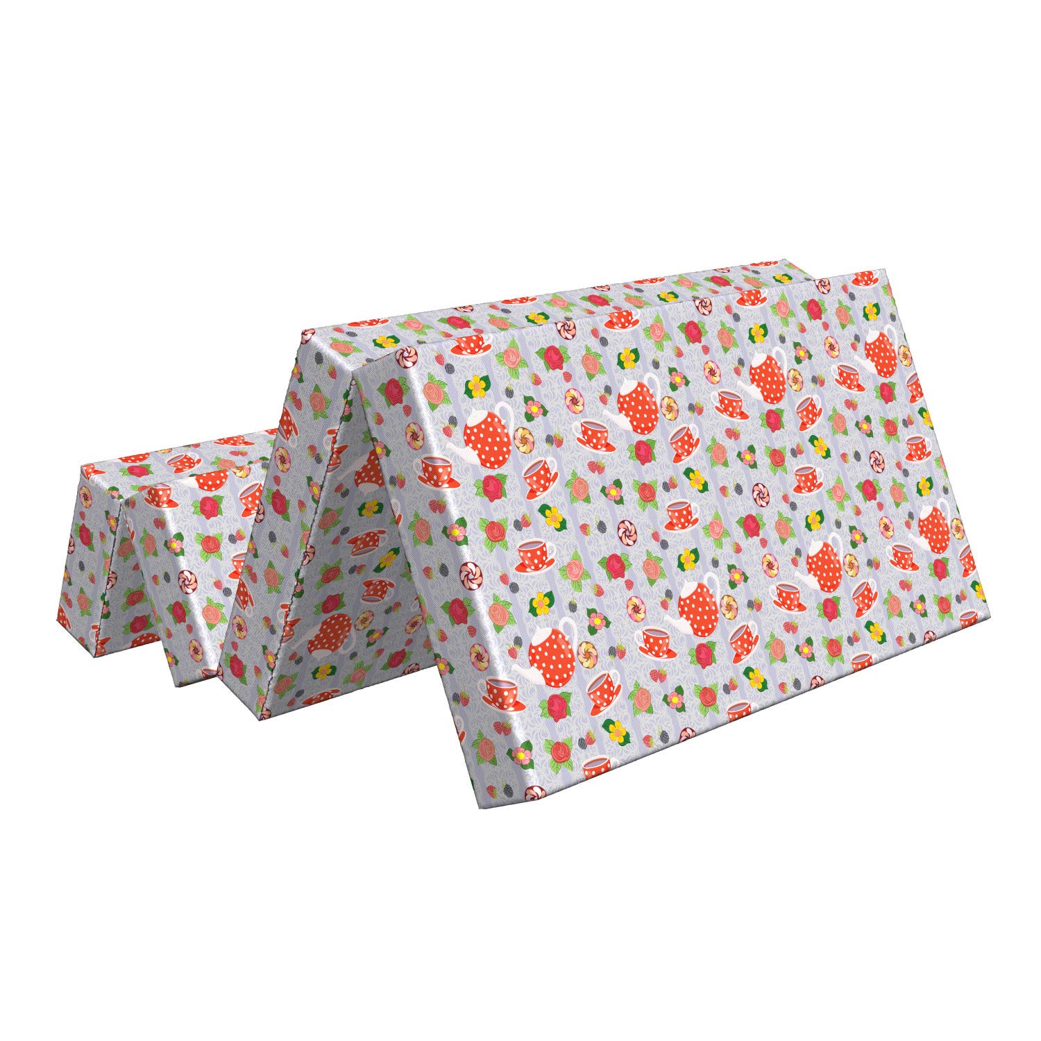 Ambesonne Colorful Foldable Mattress with Cartoon Tea Pots & Roses Design - 78.7