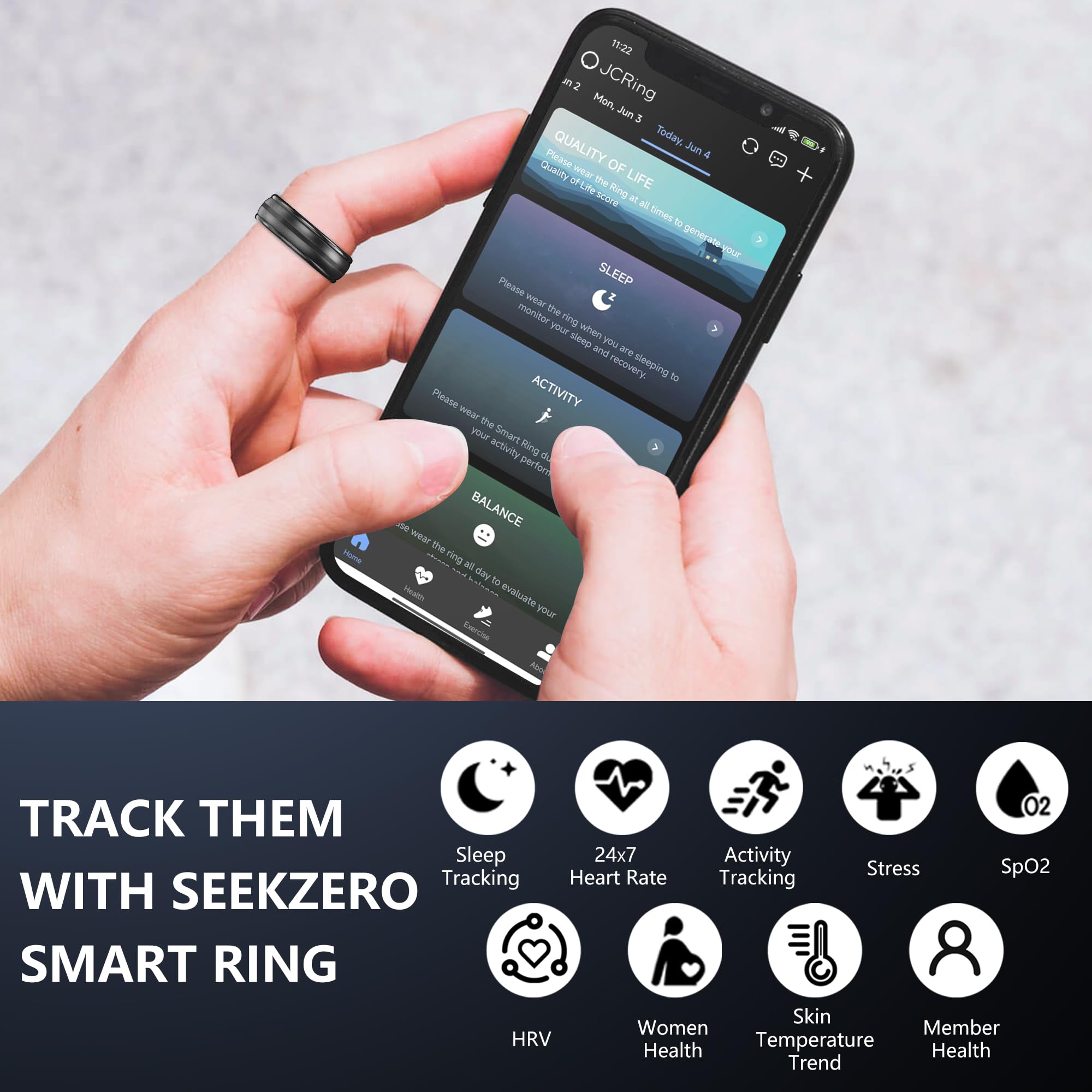 Smart Fitness Ring for Women & Men - Sleep & Step Tracker with Heart Rate Monitor | Waterproof Health Activity Tracker | Compatible with iOS & Android | No App Subscription | Perfect for Workouts, Running & Daily Health Monitoring (Black, Size 8)