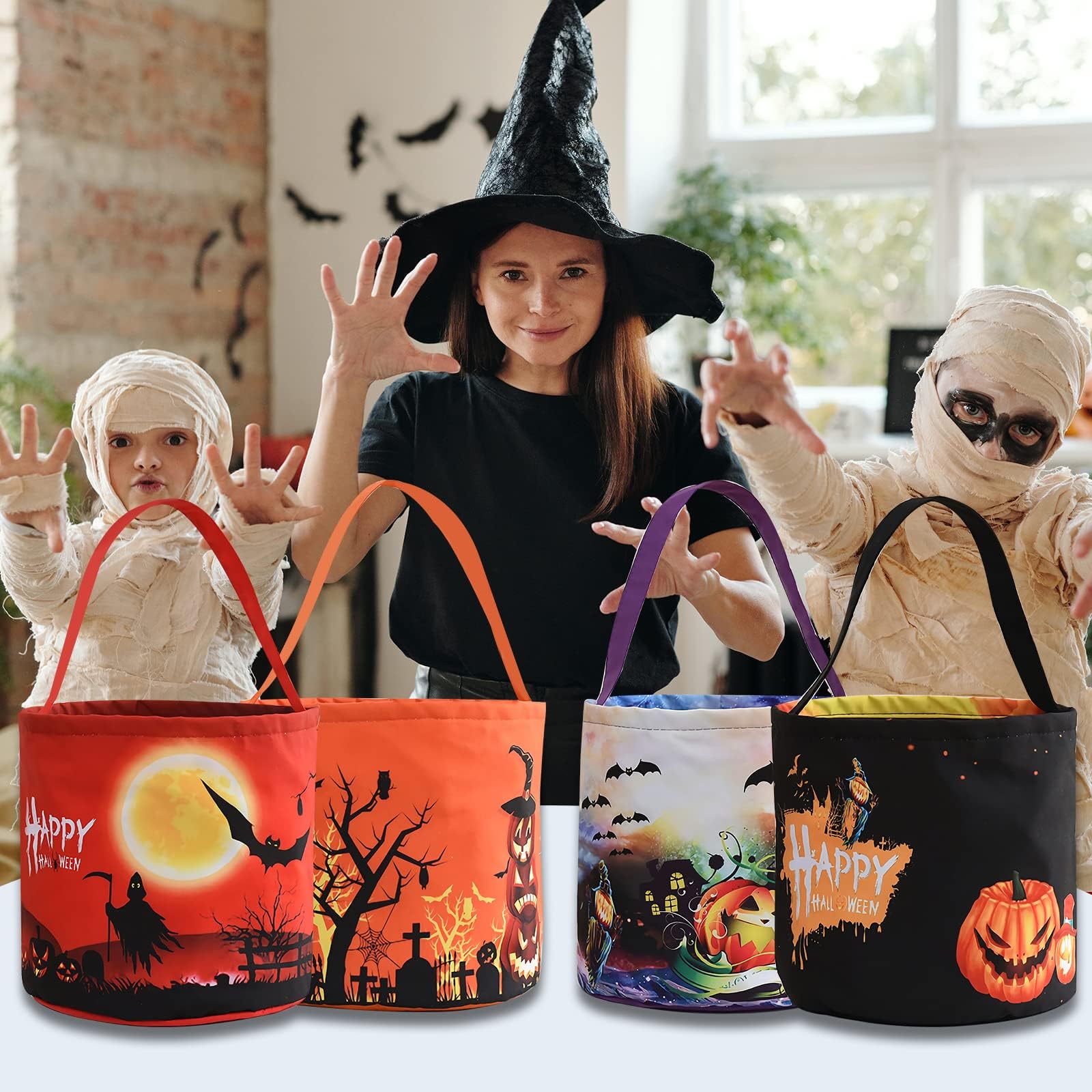 LED Light Up Halloween Trick or Treat Pumpkin Bucket - Collapsible Reusable Candy Basket for Kids, Fabric Gift Goody Bags - Perfect for Halloween Parties, Trick-or-Treating & Holiday Decor (Purple)