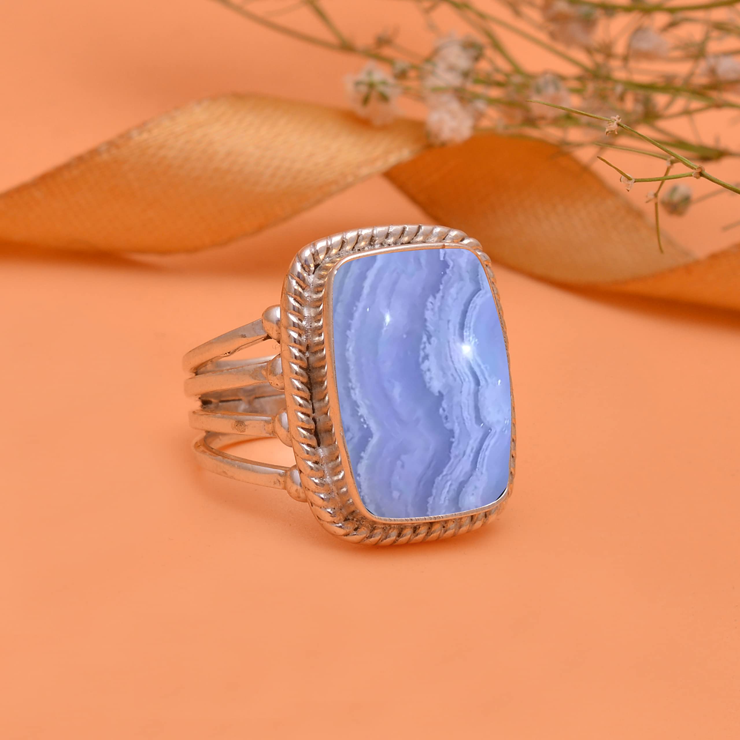 Veracity Jewelry Blue Lace Agate Ring for Women - 925 Sterling Silver Healing Meditation Ring with Natural Blue Lace Agate Gemstone - Elegant Designer Jewelry Gift for Mom, Wife, Birthday & Anniversary (VSR-815) | Perfect for Yoga, Spiritual Healing & Everyday Wear
