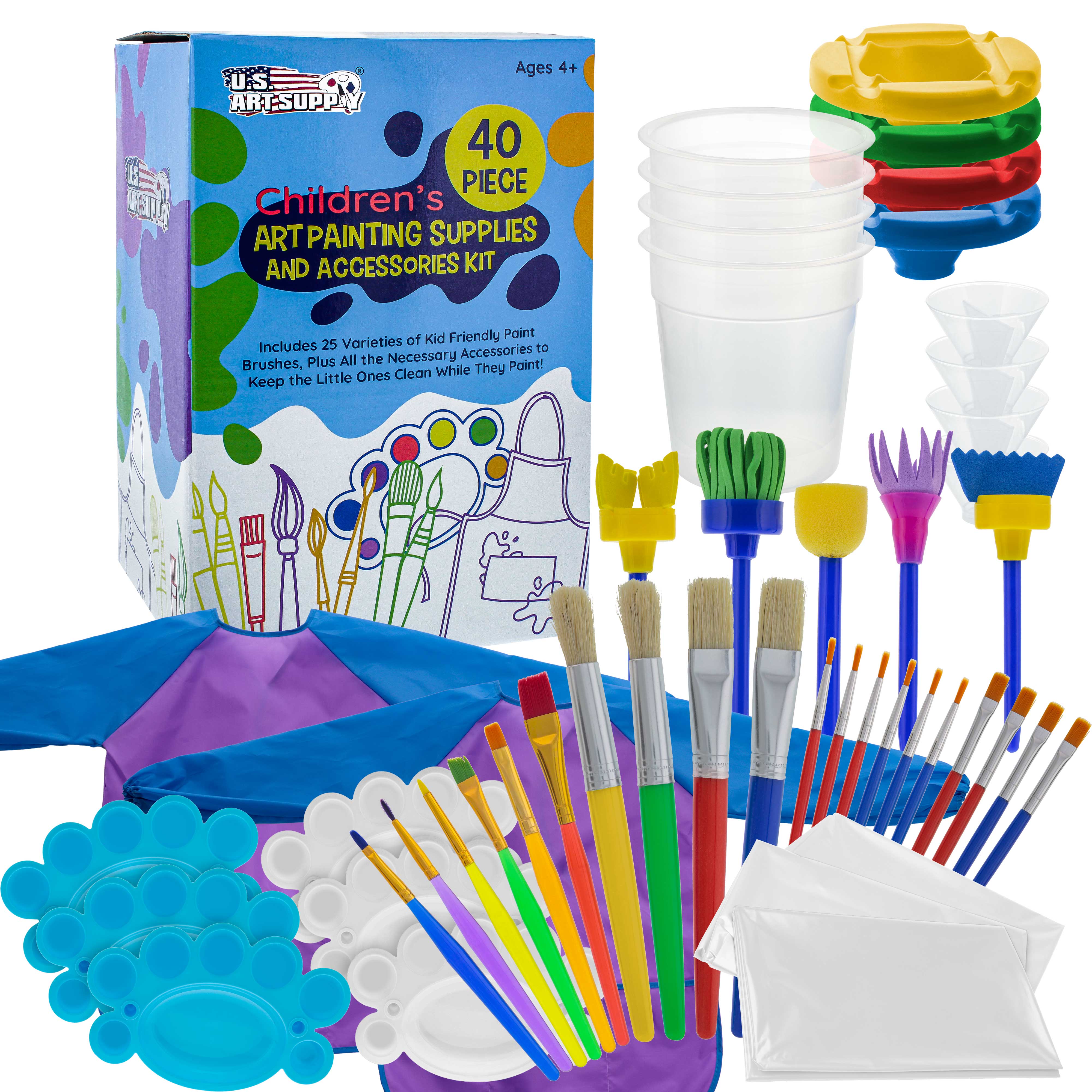 U.S. Art Supply 40-Piece Kids Painting Set with 25 Brushes, 4 No-Spill Paint Cups, 6 Palettes, 2 Aprons & 3 Cloths - Perfect for Children's Art Projects, Classroom Activities & DIY Crafts