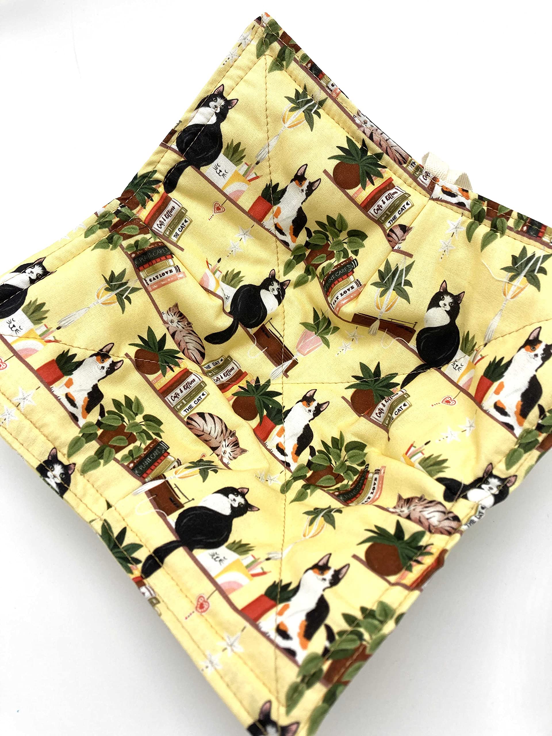 Microwave Bowl Cozy 8.5 Inches - Handmade in USA for 8 Inch Bowls - Cat & Bookshelf Novelty Design - Perfect for Soup, Oatmeal & Microwave Meals