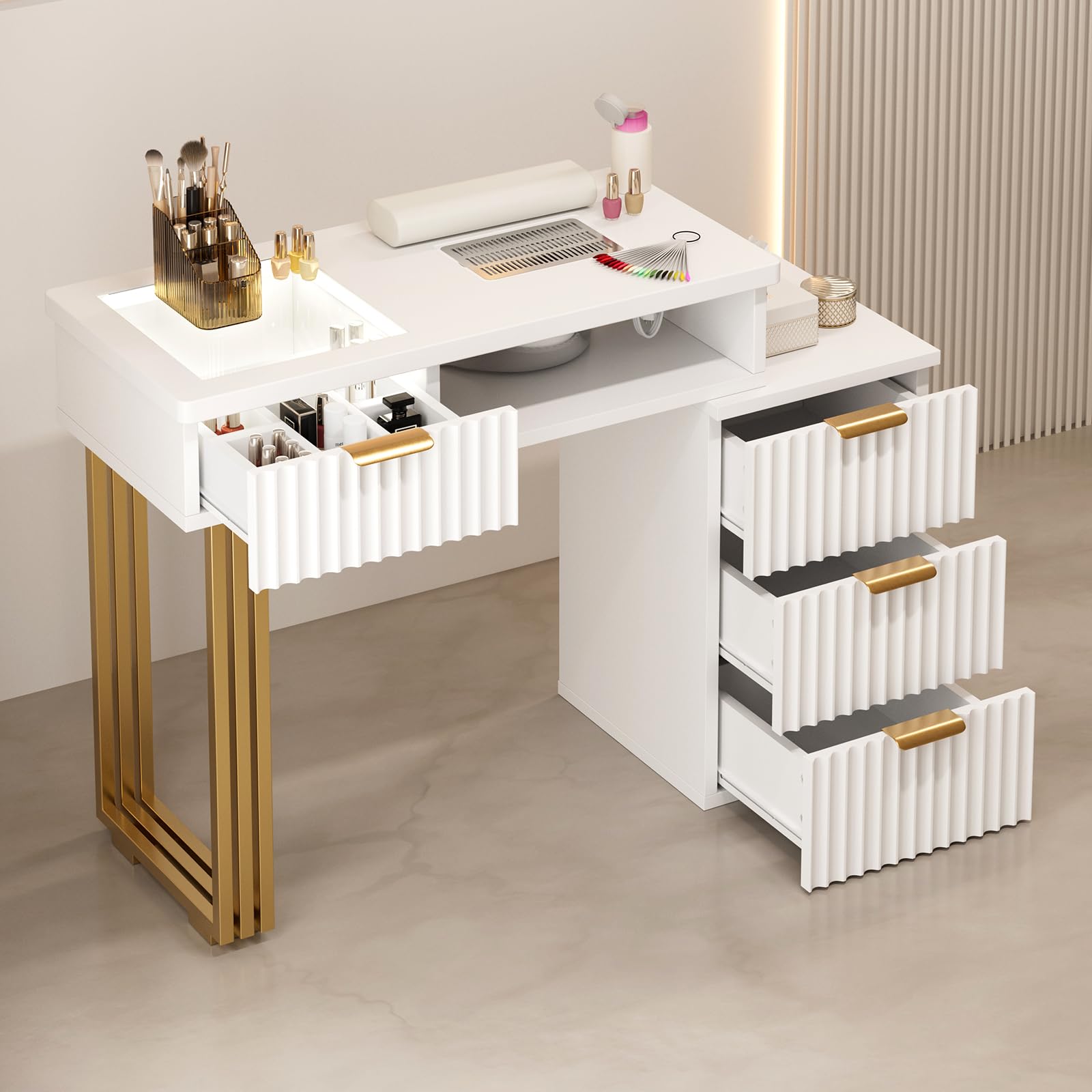 Professional Nail Tech Manicure Table with Dust Collector, 4 Drawers & LED Lights - Acetone Resistant Salon Workstation with Wrist Cushion, Golden Leg (White) - Perfect for Nail Salons, Home Studios & Professional Nail Technicians