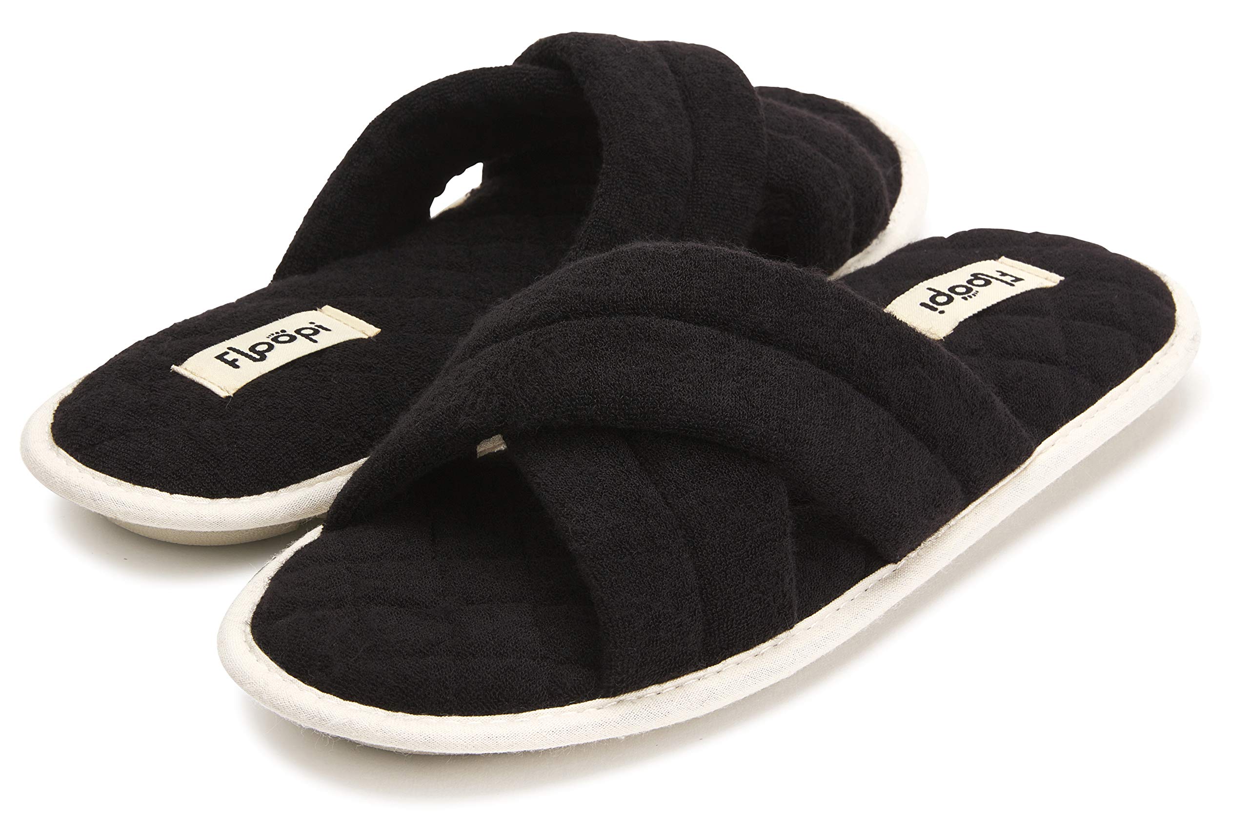 Floopi Women's Soft Criss Cross Open Toe Slippers - Quilted Terry Stitch Insole, Memory Foam Comfort & Anti-Skid Rubber Outsole - Breathable Summer House Shoes for Indoor/Outdoor Wear, Spa, Beach & Lounge Relaxation