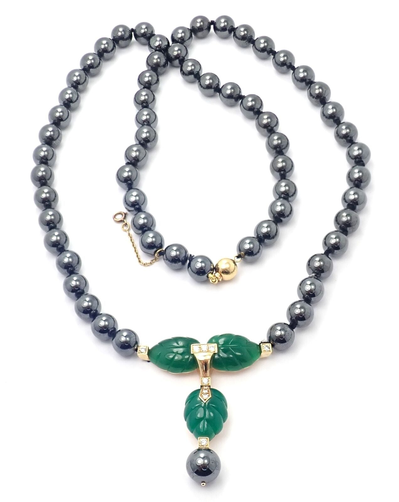 Authentic Cartier 18K Yellow Gold Hematite Bead Diamond Chalcedony Necklace for Women - Luxury Jewelry Gift for Anniversary, Wedding & Special Occasions