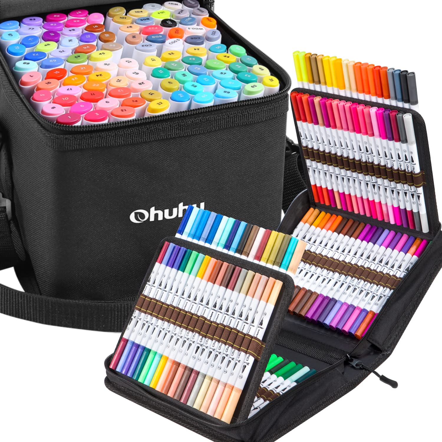 Ohuhu 120 Colors Dual Tip Alcohol Markers Set - Brush & Fine Tips for Artists, Students, Sketching, Bullet Journaling, Adult Coloring Books & DIY Crafts