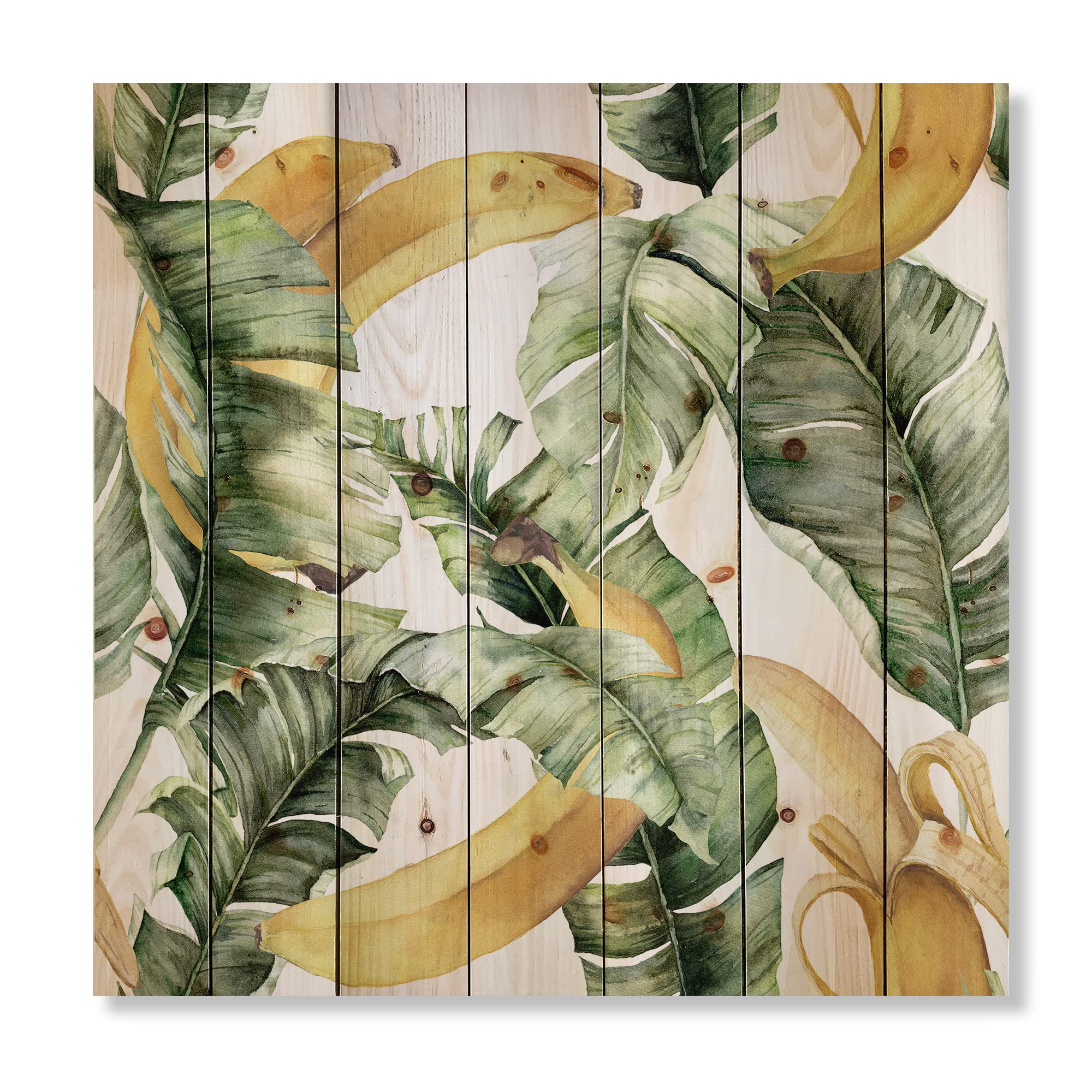 DesignQ Ripe Bananas with Leaves Wood Wall Art - Coastal & Nautical Decor, Large Floral Pine Wood Wall Panels for Living Room, Bedroom, Kitchen & Office Decoration