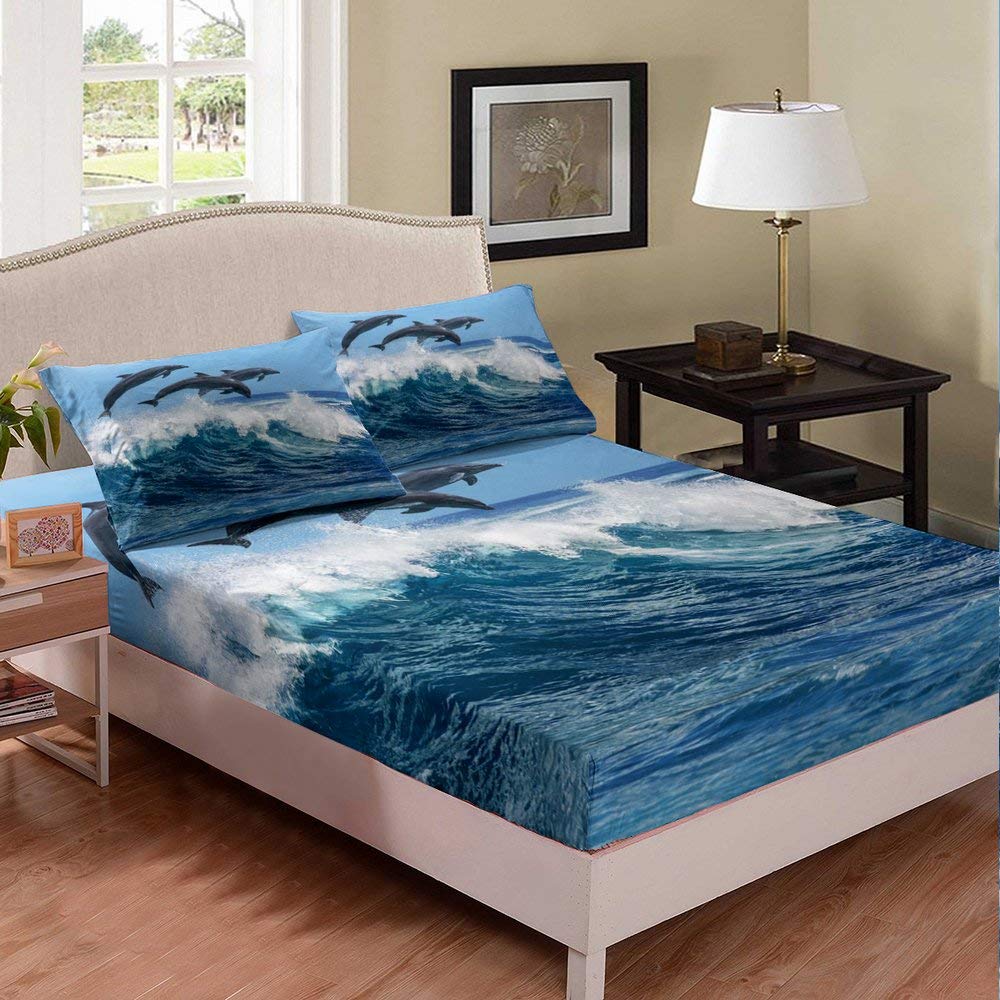 3D Dolphins Jumping Print Twin Size Kids Bed Sheet Set - Happy Dolphins & Ocean Waves Design - 2 Piece Fitted Sheet & Pillowcase - Perfect for Boys/Girls Bedroom Decor & Marine Life Theme Rooms