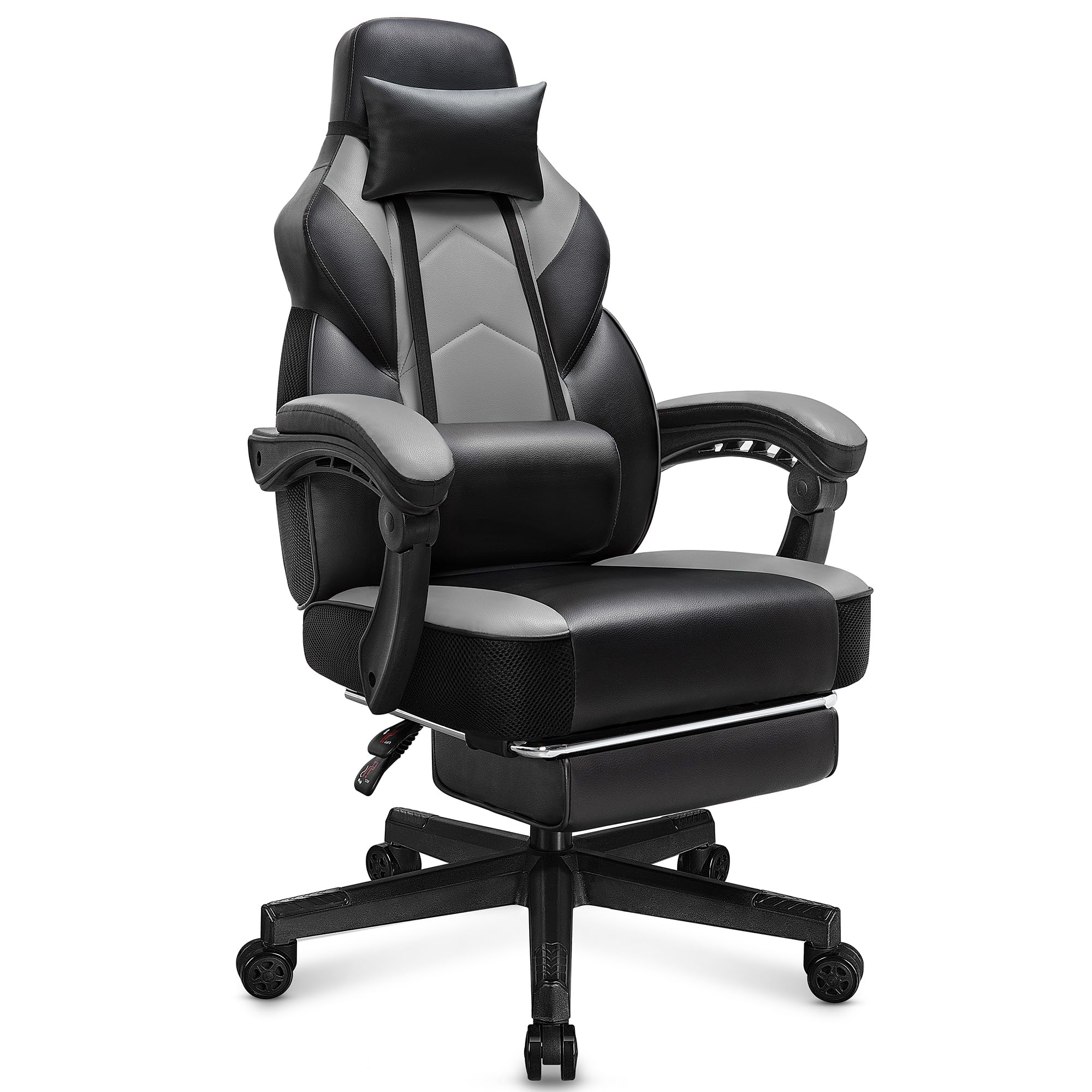 Meilocar Ergonomic Gaming Chair for Adults - Big and Tall Computer Chair with Adjustable Footrest, Massage Lumbar Support & 360° Swivel - Grey - Perfect for PC Gaming, Office Work & Home Entertainment